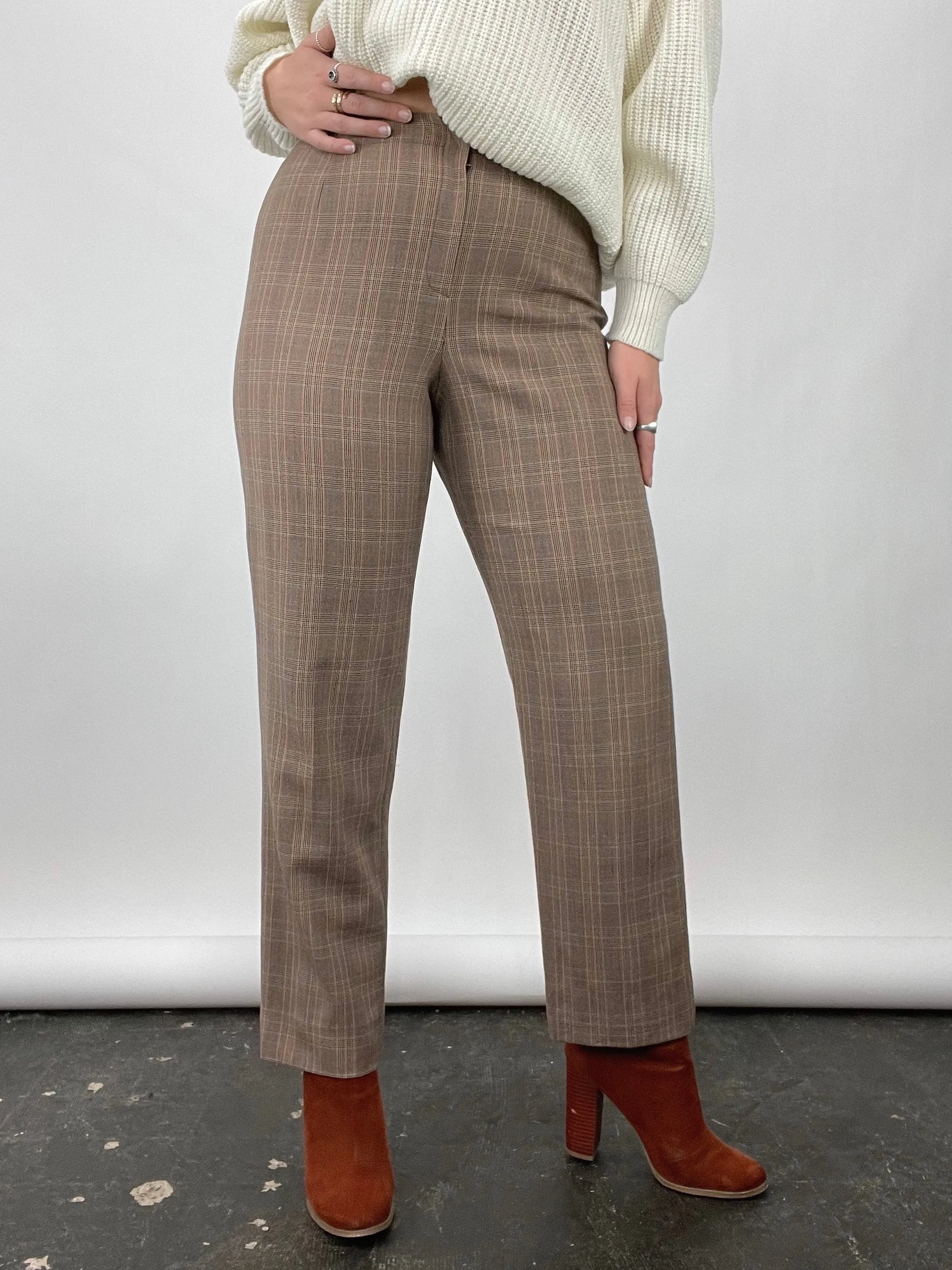 90s Vintage Carlisle Multi Plaid Brown Wool Pants (W30")