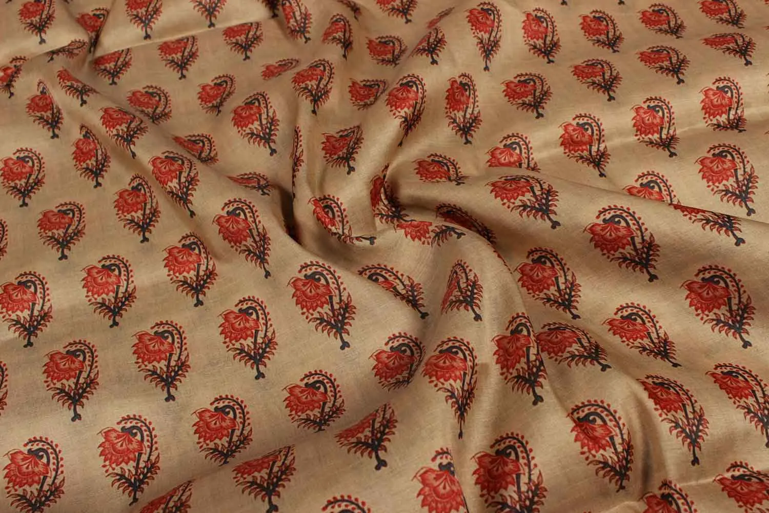 Beige Floral Tussar Impression Fabric