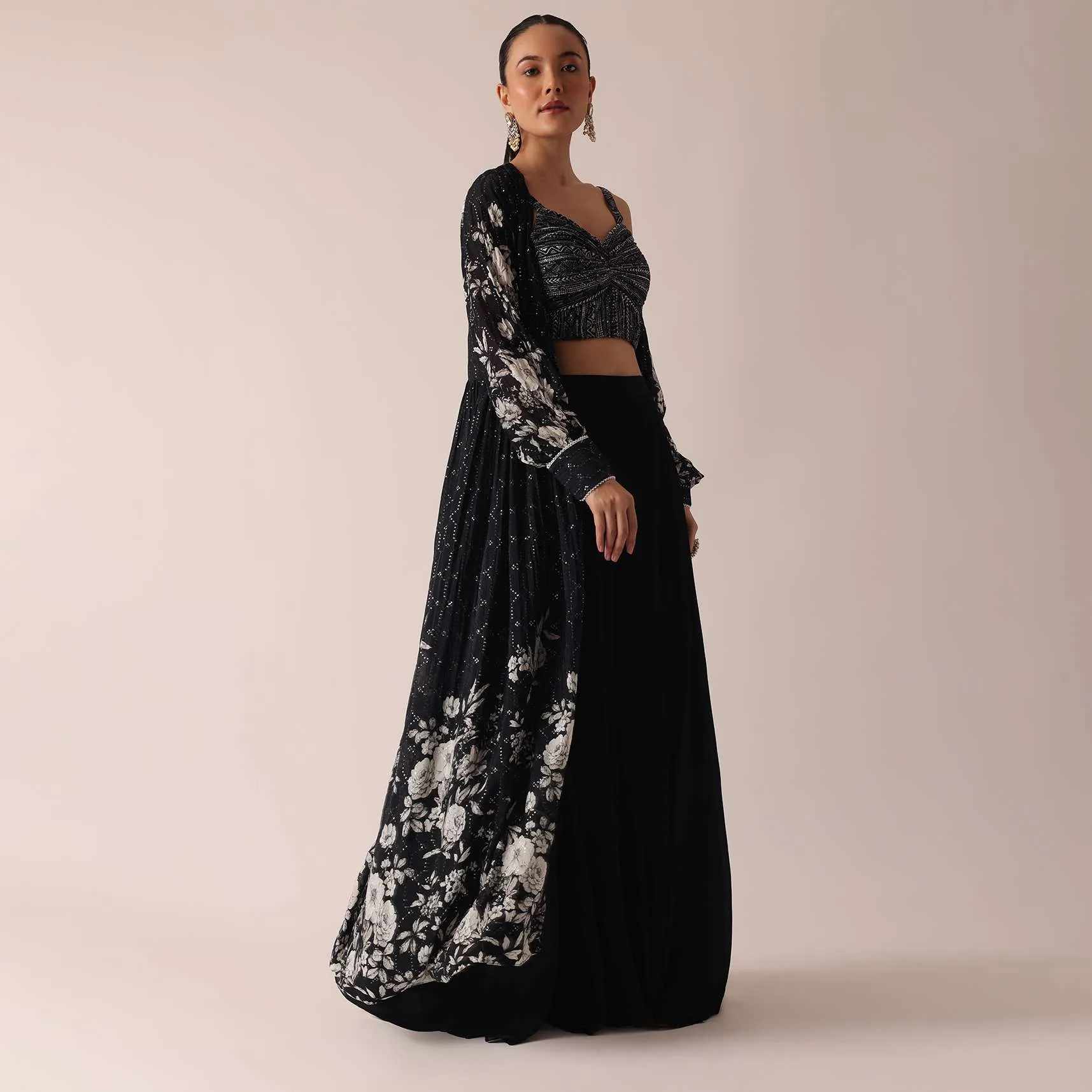 Black Floral Print Crop Top And Sharara Set