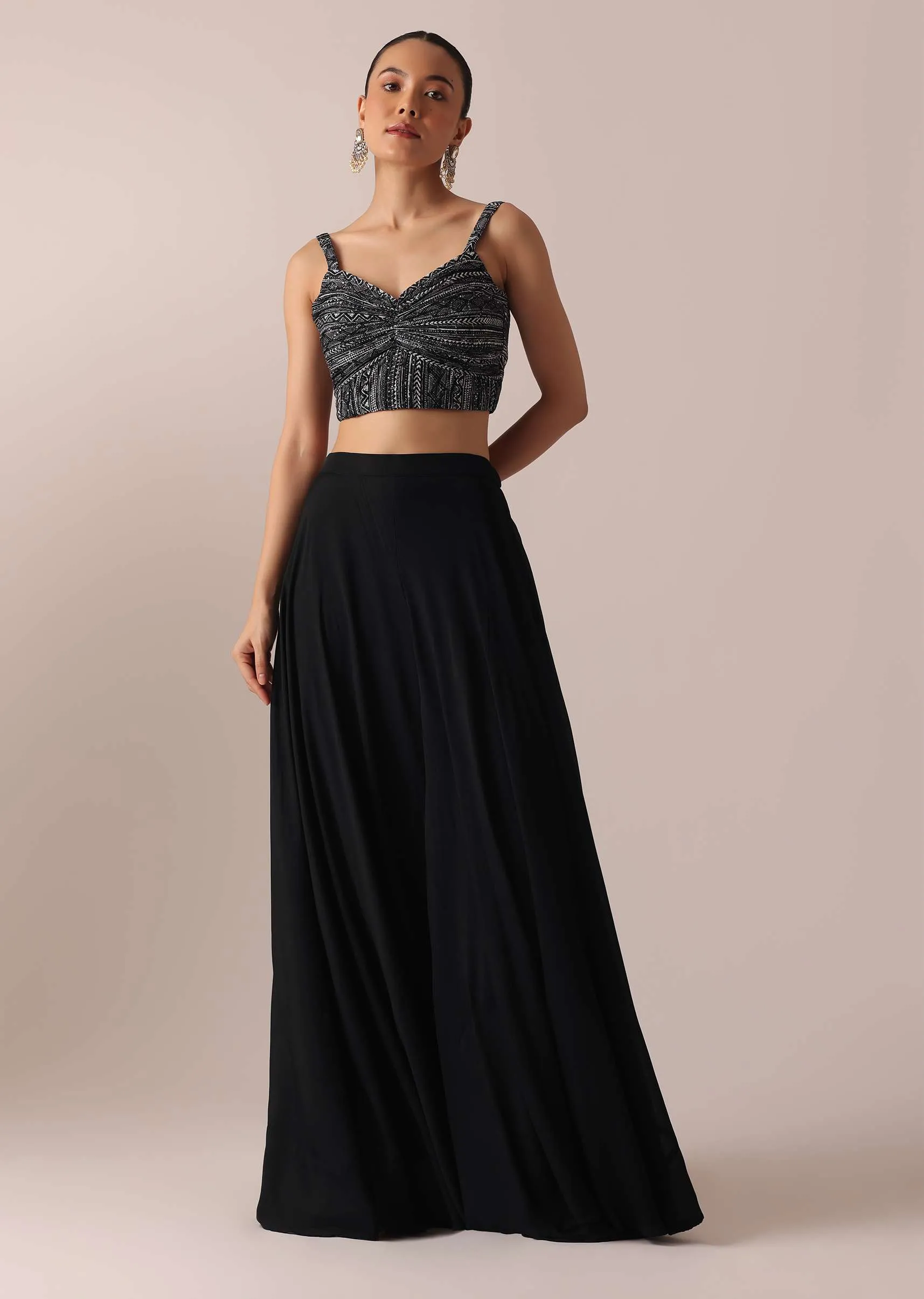Black Floral Print Crop Top And Sharara Set