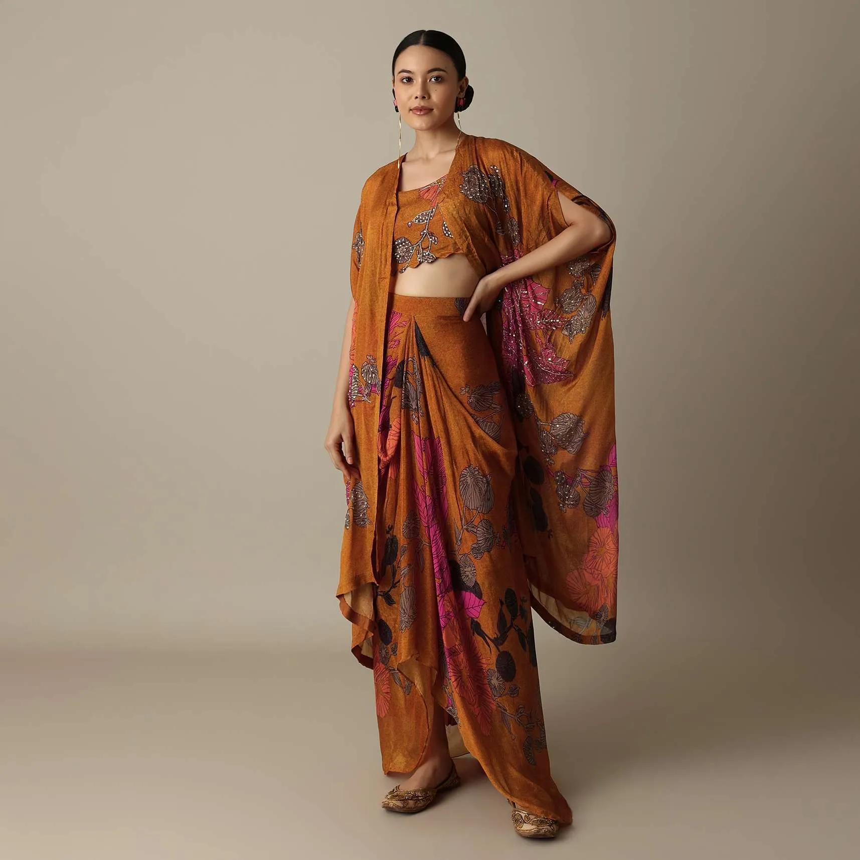 Blossom Orange Silk Print Dhoti Set