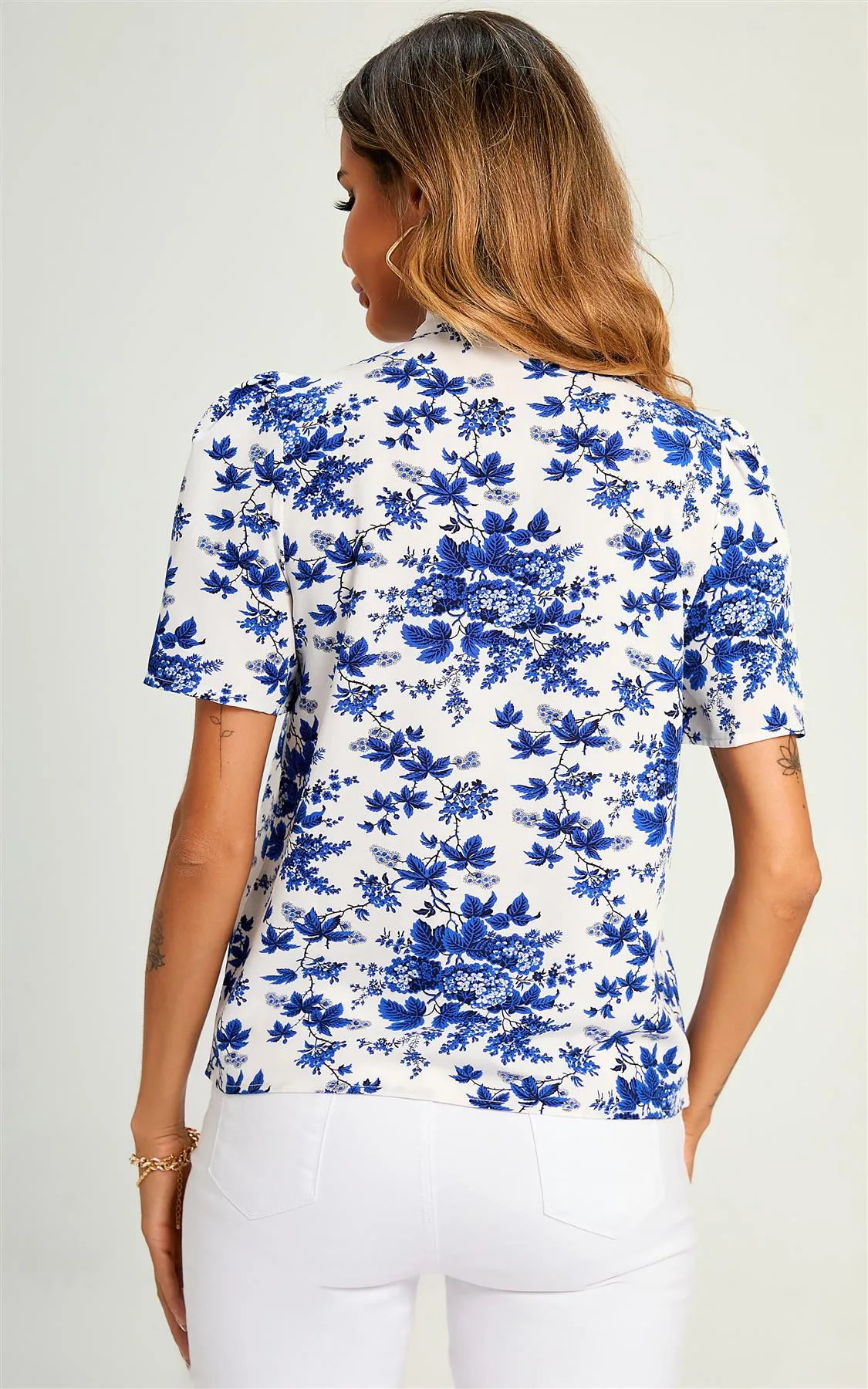 Blue Flora Print Pussybow Blouse In White