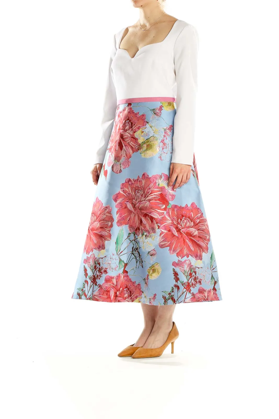 Blue Floral Metallic Midi Dress
