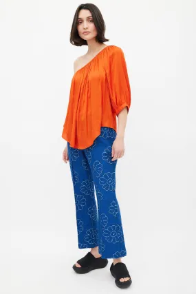 Blue Floral Pintuck Crop Trouser