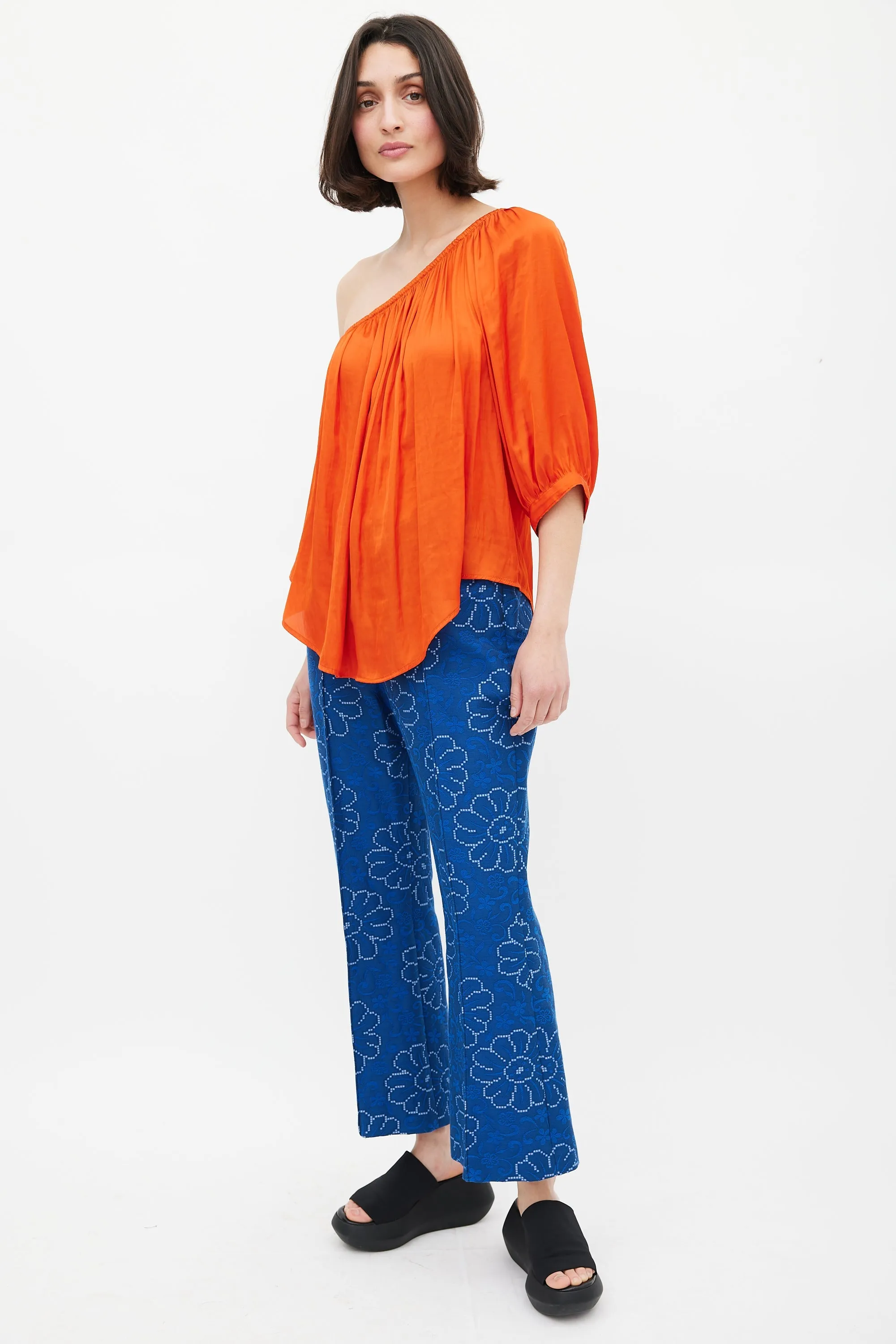 Blue Floral Pintuck Crop Trouser
