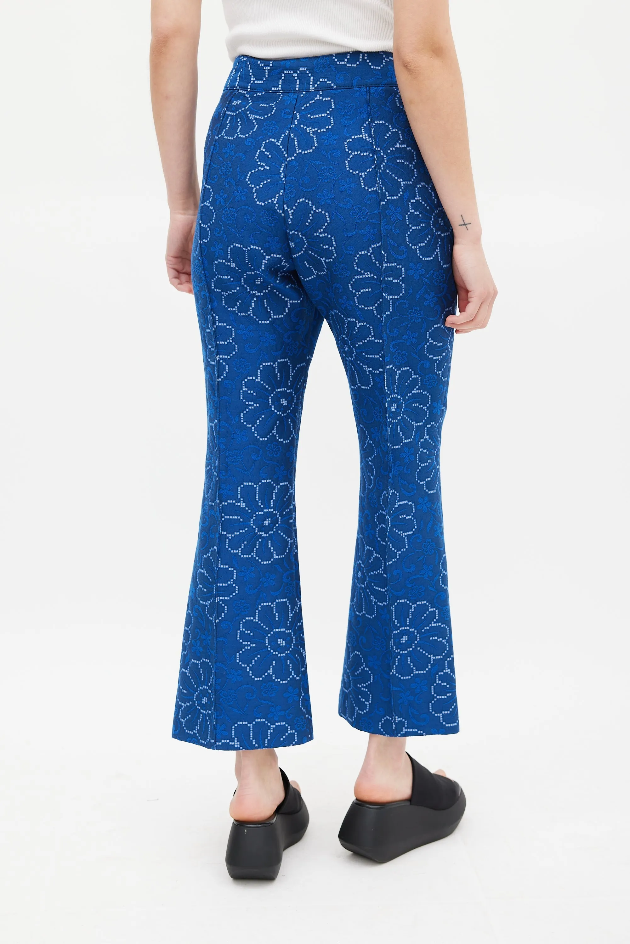 Blue Floral Pintuck Crop Trouser