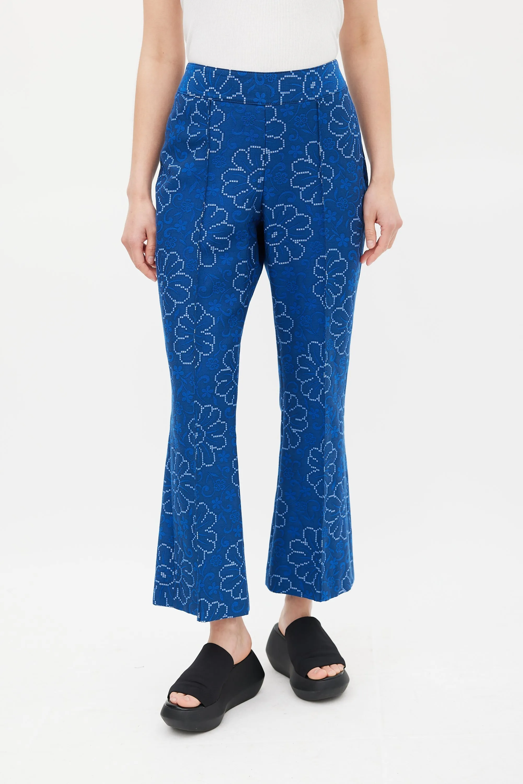 Blue Floral Pintuck Crop Trouser