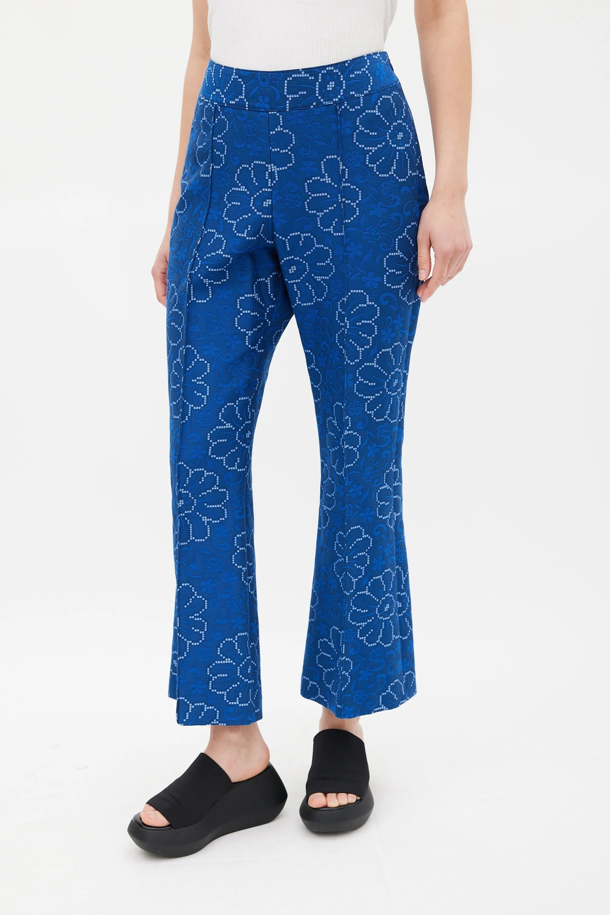 Blue Floral Pintuck Crop Trouser