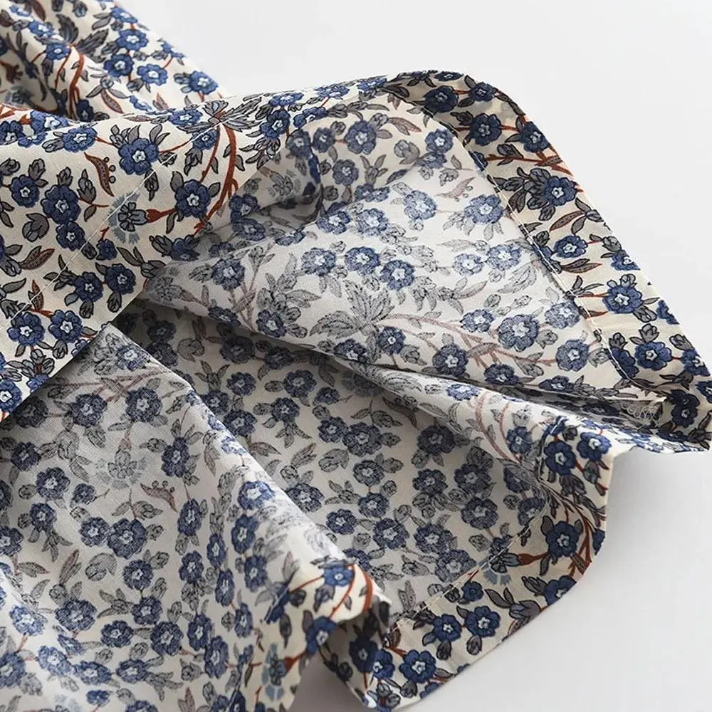 Blue Floral Pleated Dress with Collar
