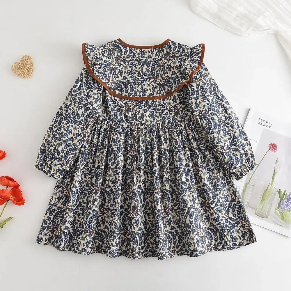 Blue Floral Pleated Dress with Collar