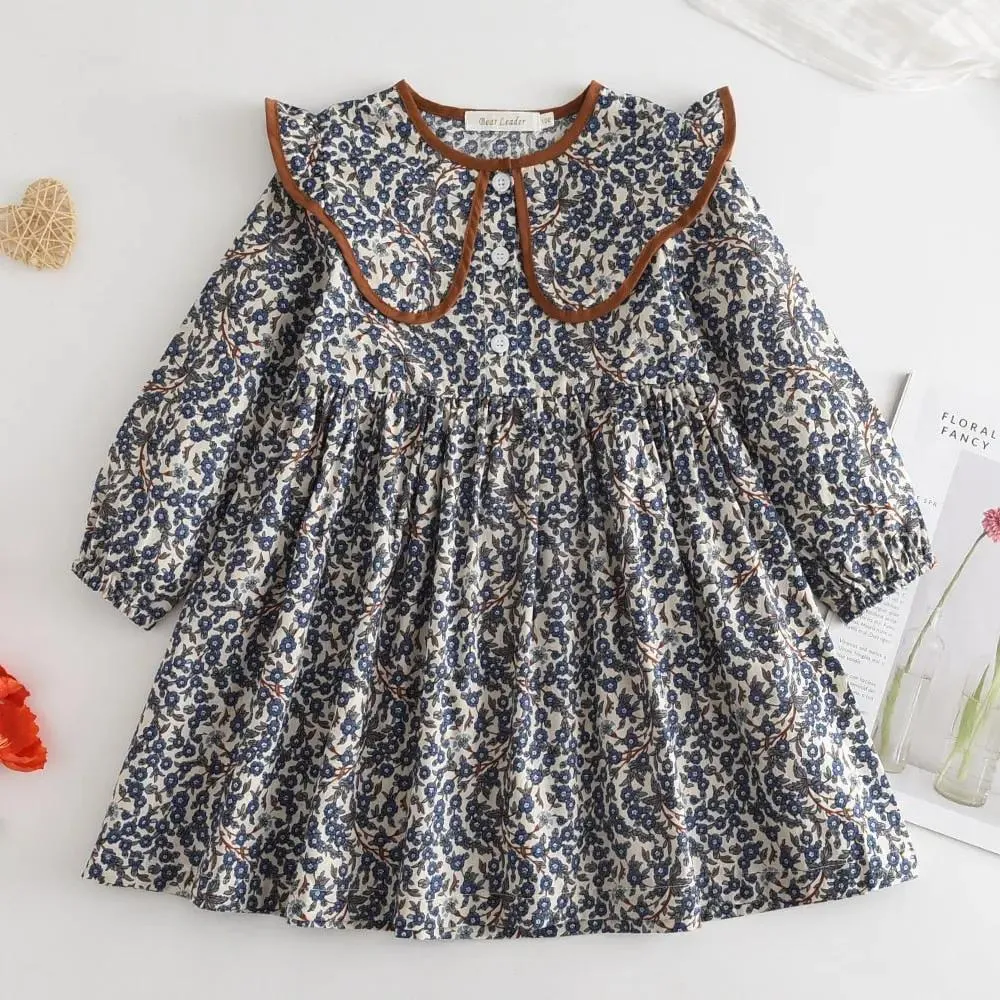 Blue Floral Pleated Dress with Collar