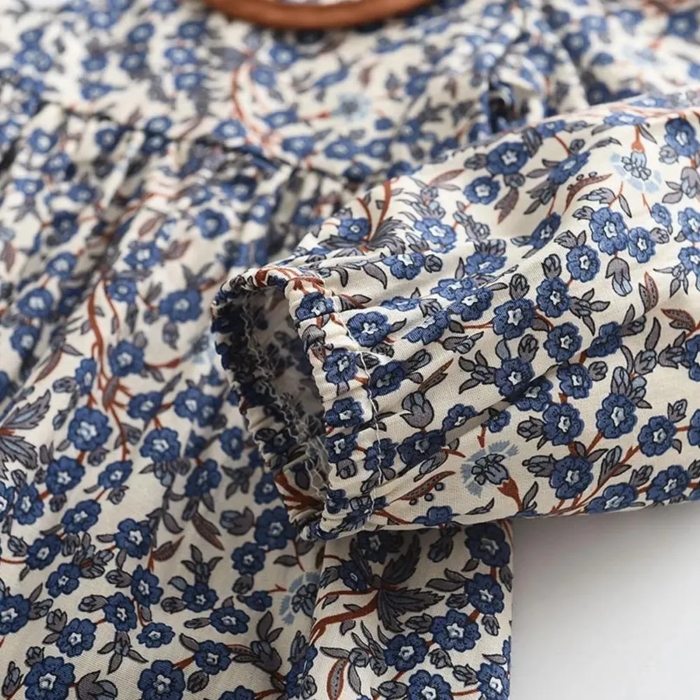 Blue Floral Pleated Dress with Collar