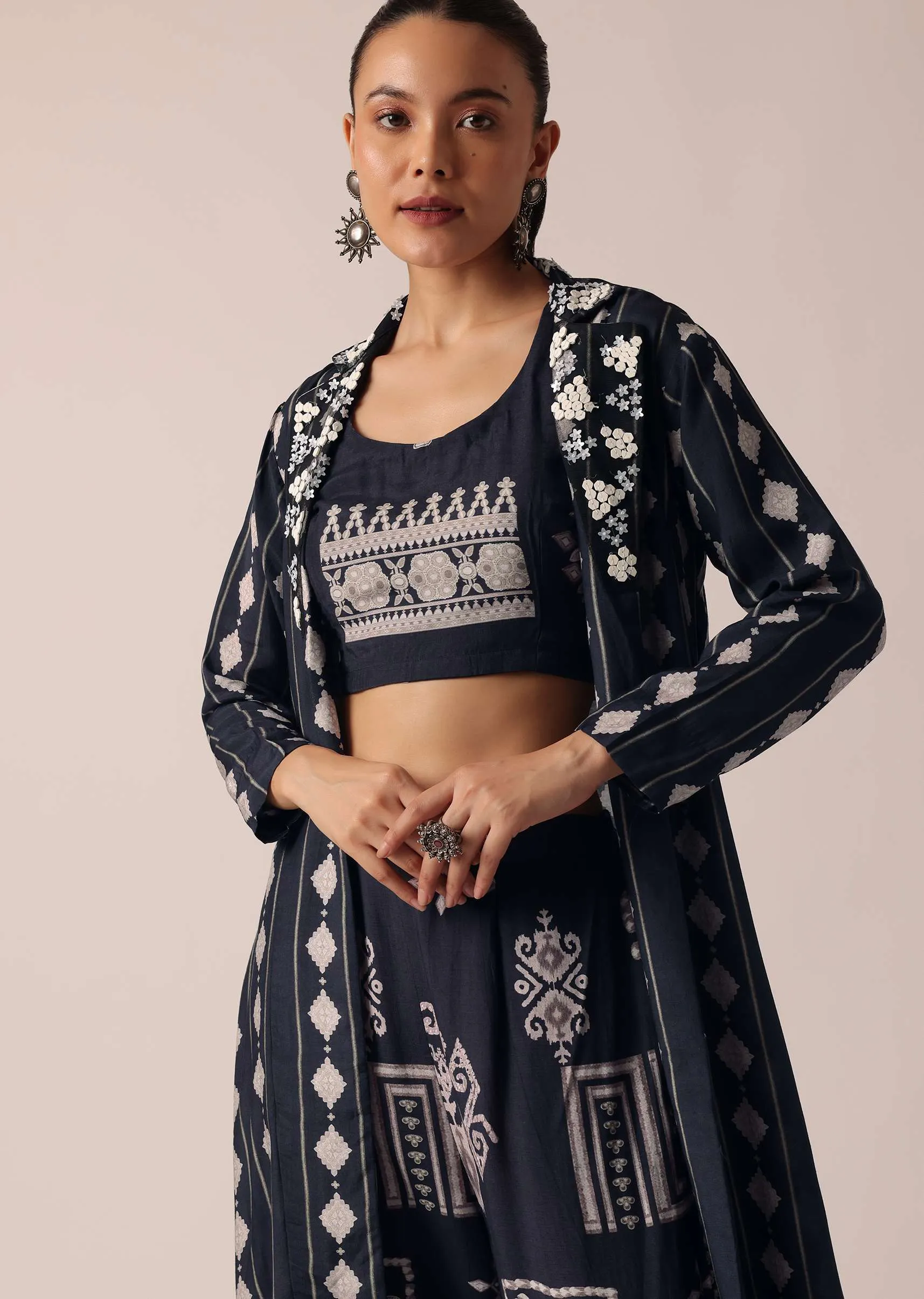 Blue Indo Fusion Printed Jacket And Pant Set