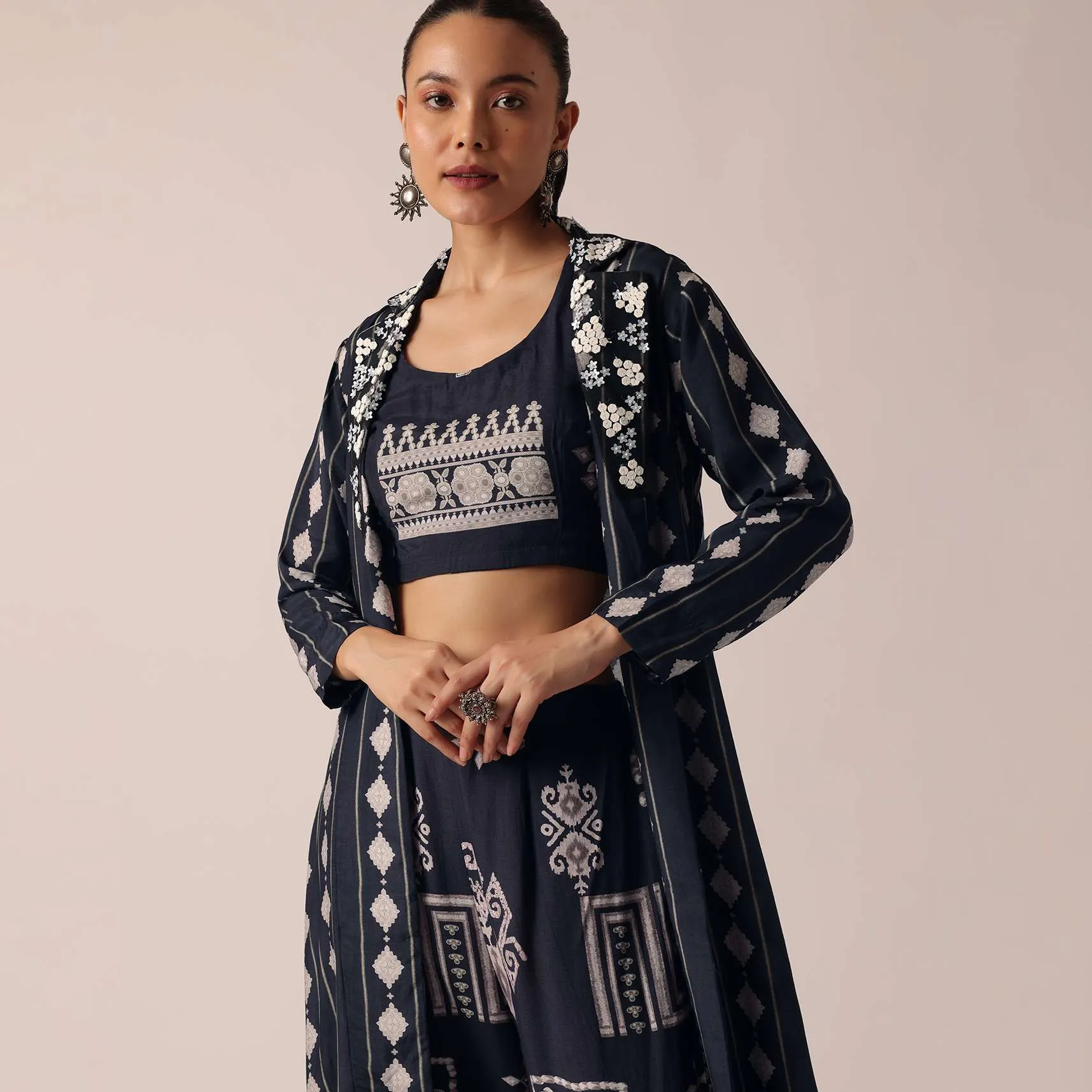 Blue Indo Fusion Printed Jacket And Pant Set
