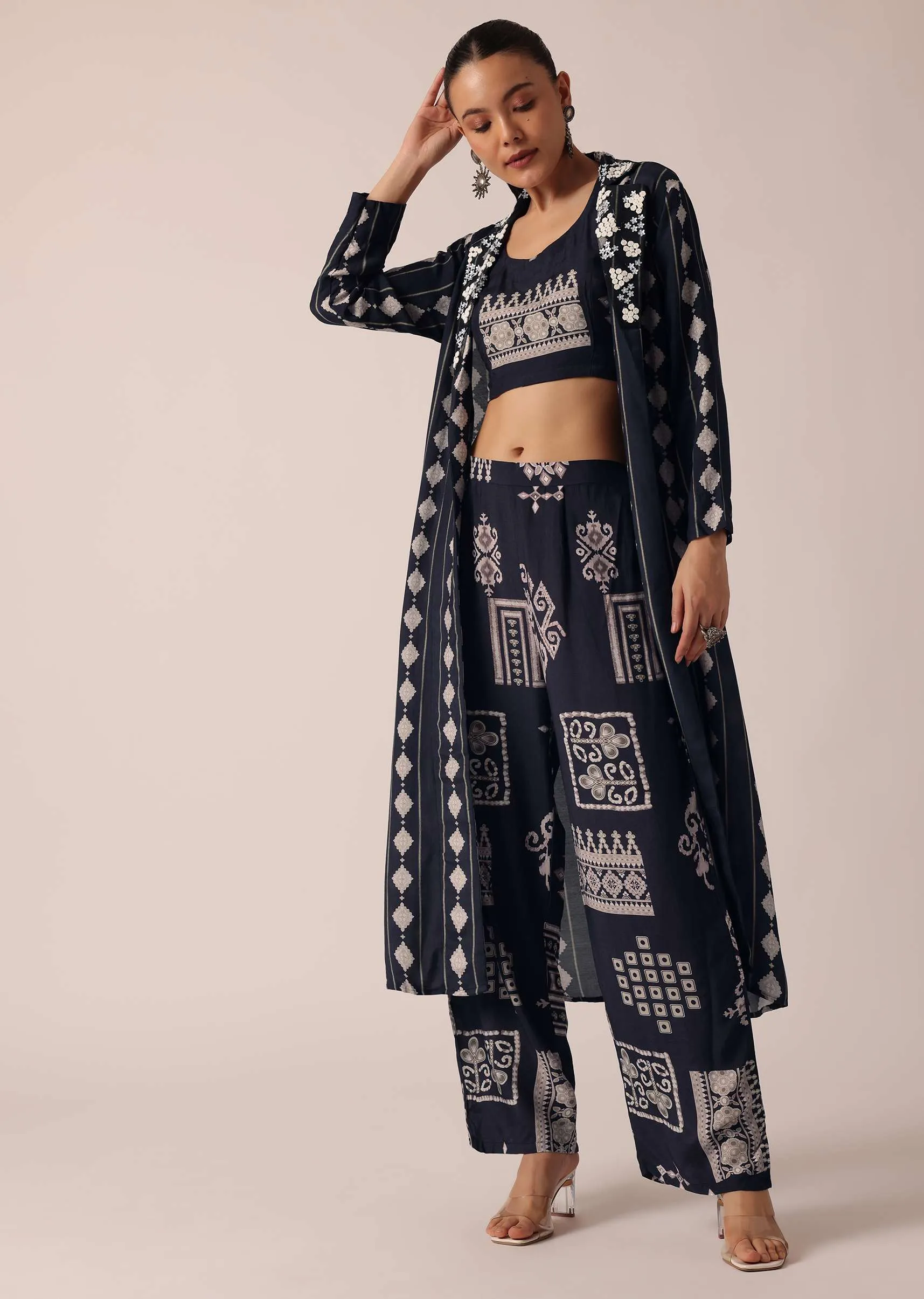 Blue Indo Fusion Printed Jacket And Pant Set