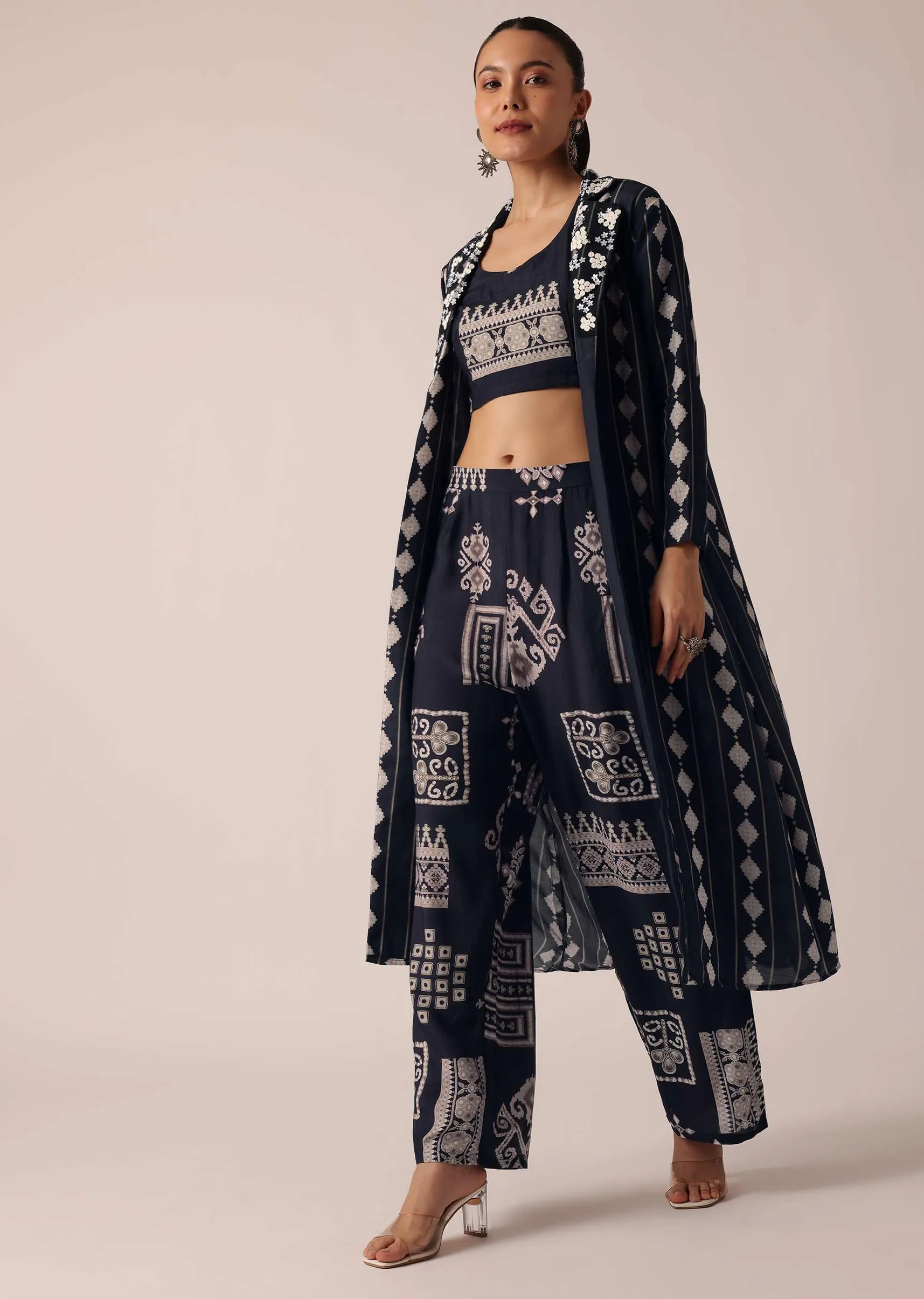 Blue Indo Fusion Printed Jacket And Pant Set