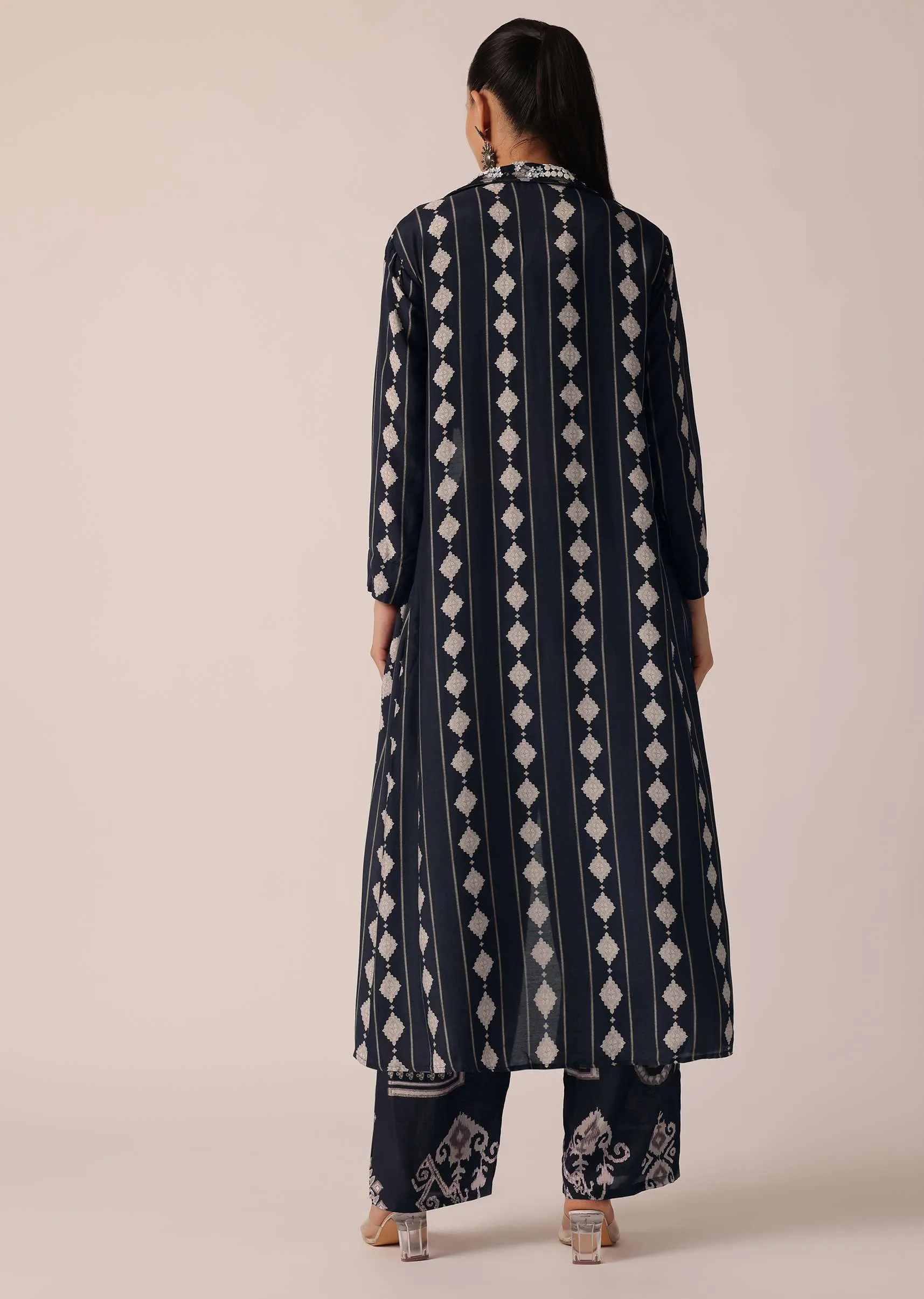 Blue Indo Fusion Printed Jacket And Pant Set