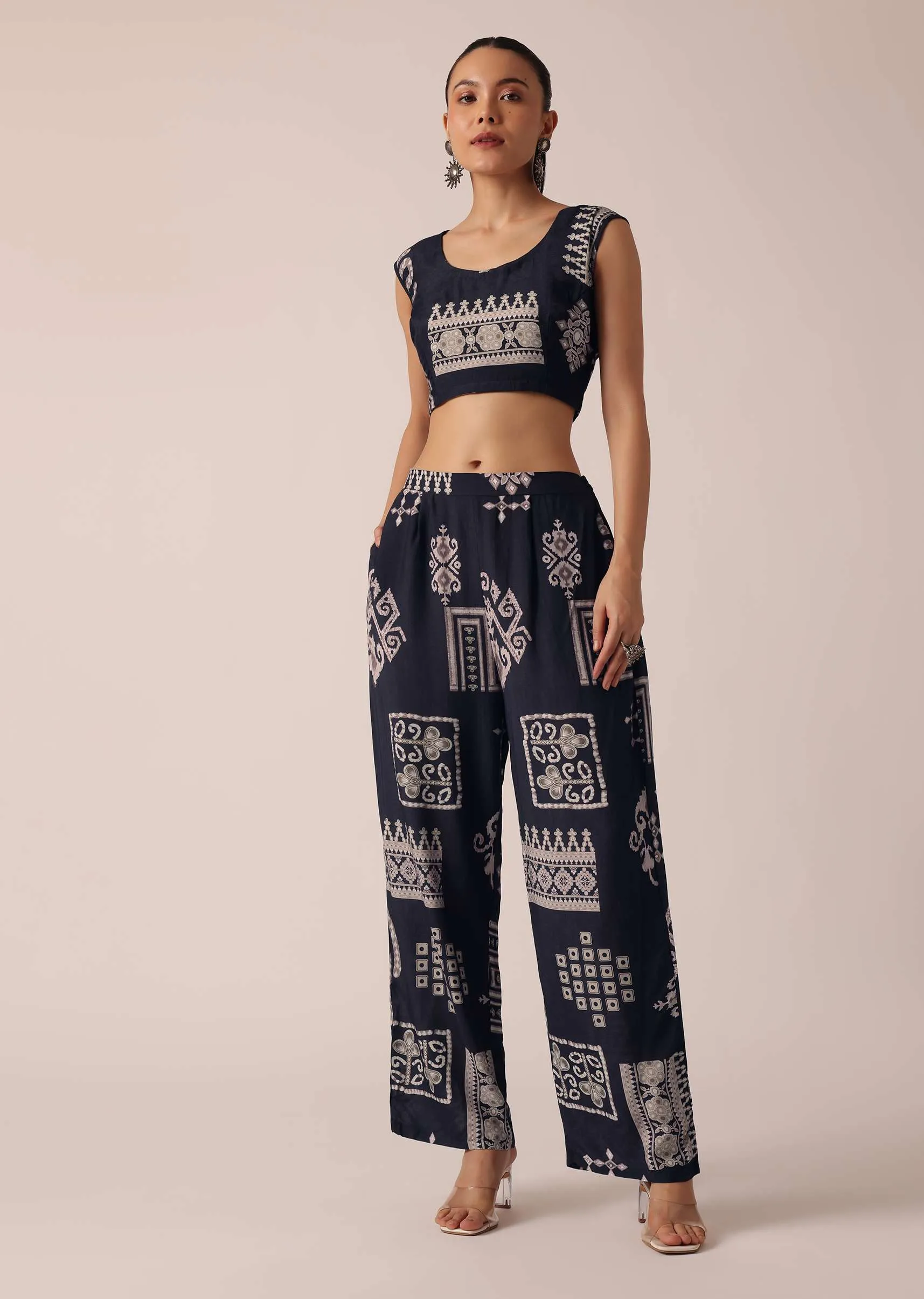 Blue Indo Fusion Printed Jacket And Pant Set