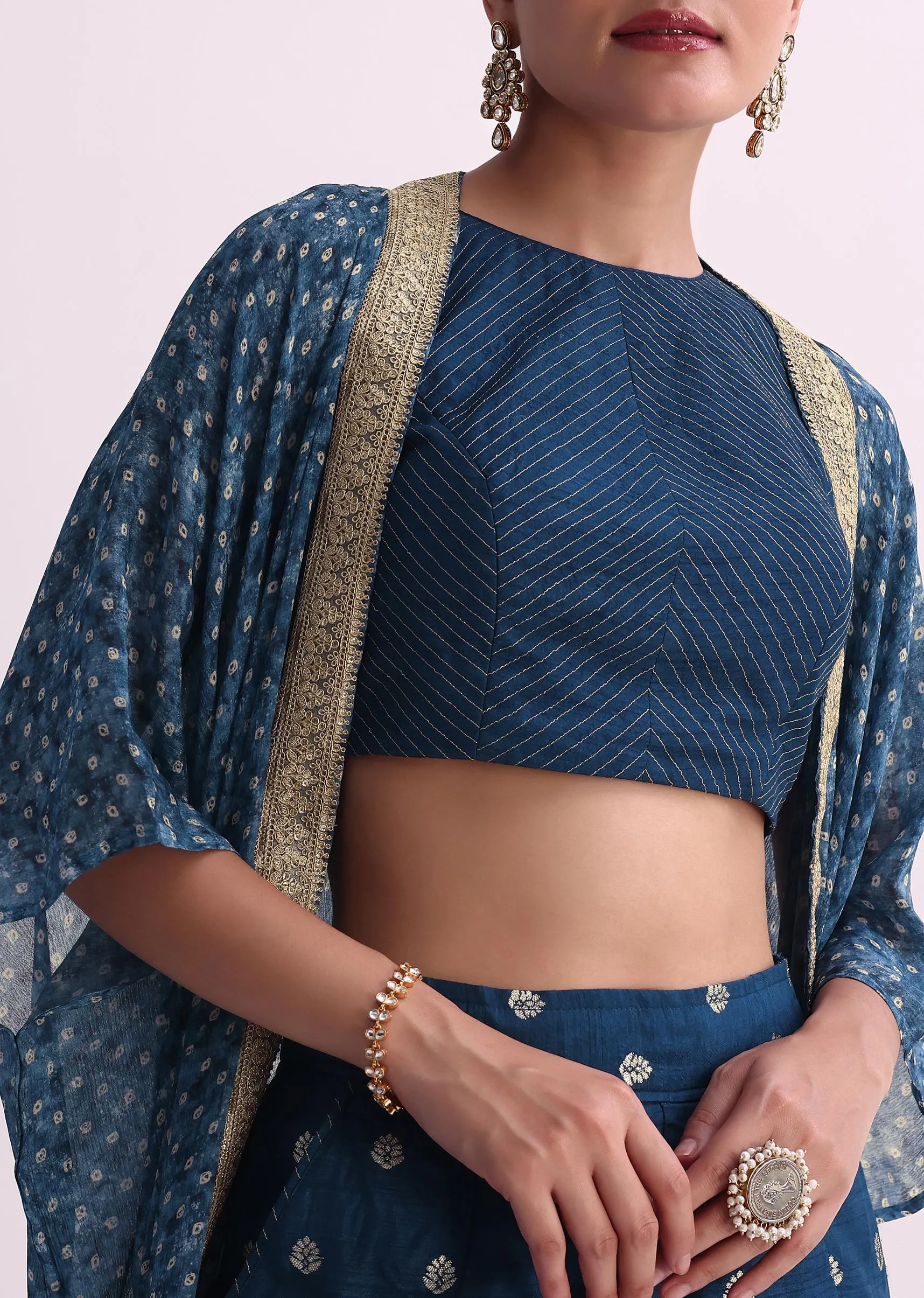 Blue Silk Crop Top And Pant Set With Bandhani Print Jacket