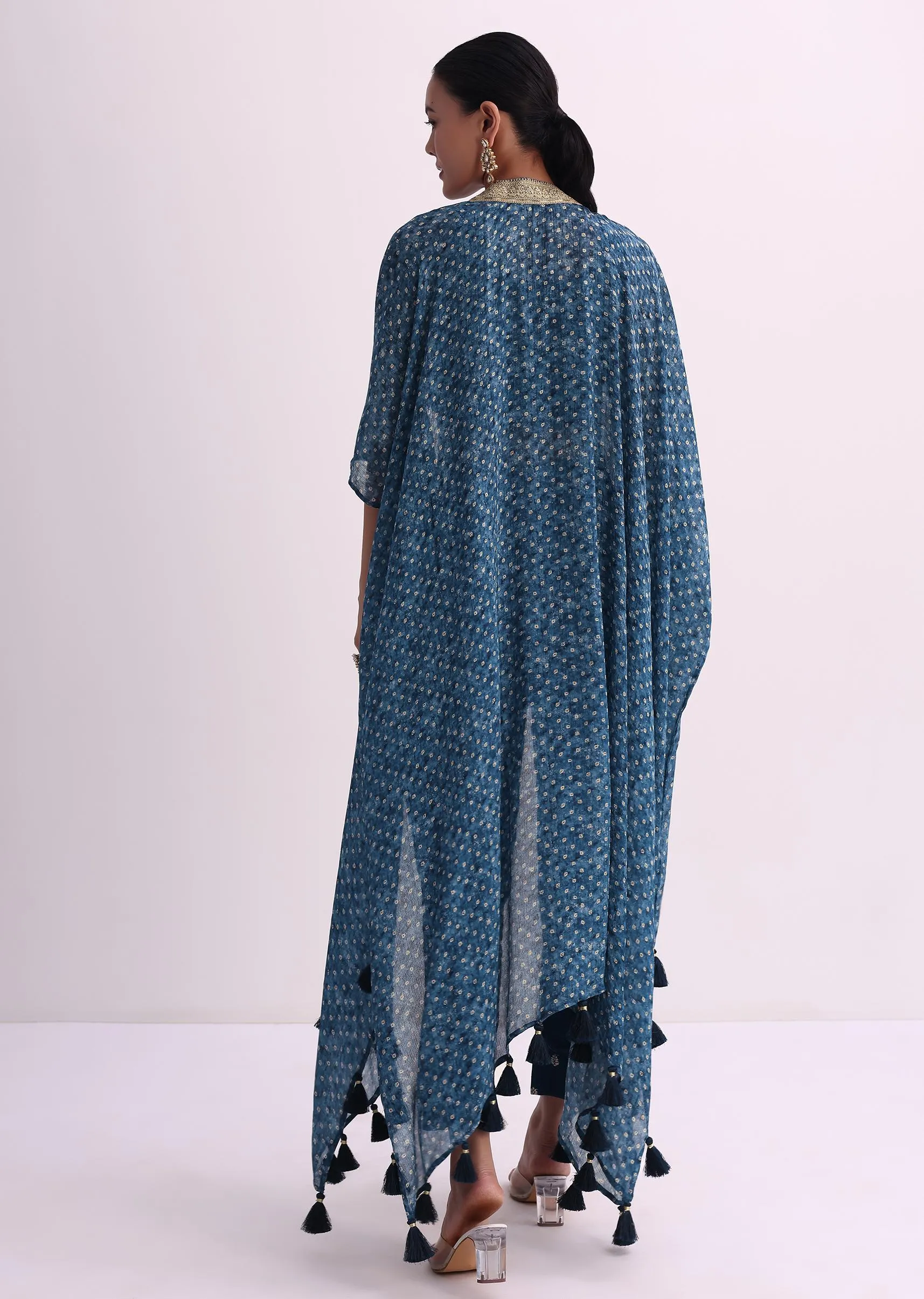 Blue Silk Crop Top And Pant Set With Bandhani Print Jacket