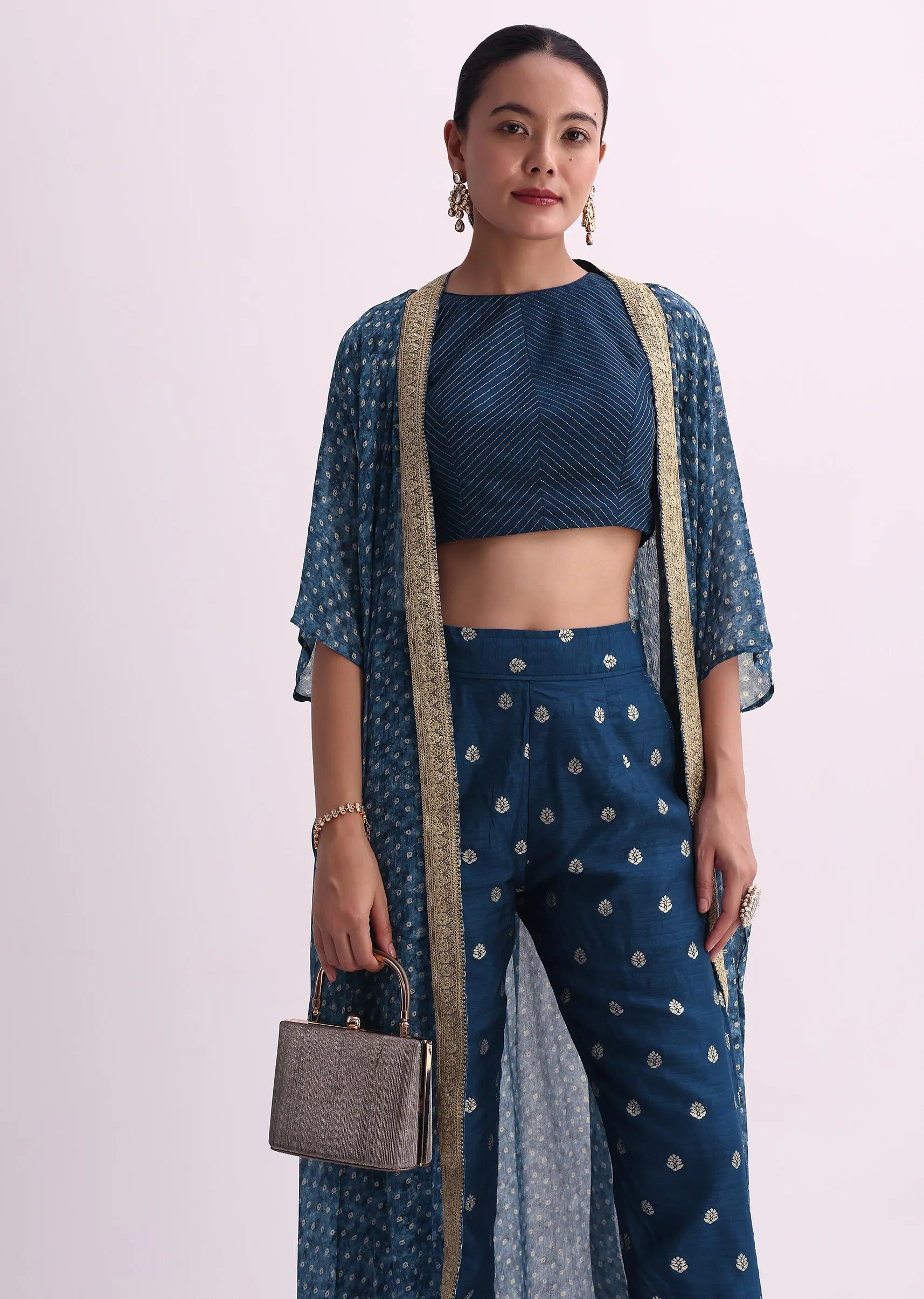 Blue Silk Crop Top And Pant Set With Bandhani Print Jacket