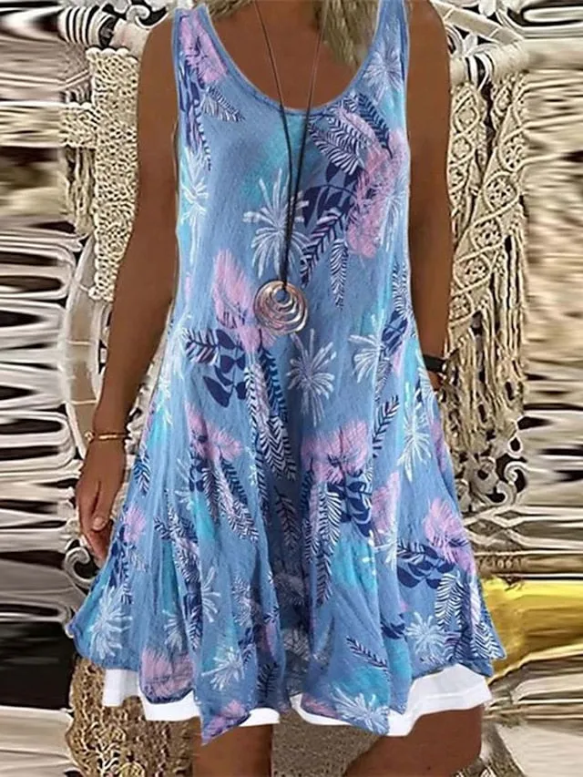 Casual Dress Shift Dress Mini Dress Gray Sleeveless Floral Fake two piece Summer Spring Crew Neck Elegant  5XL for Women