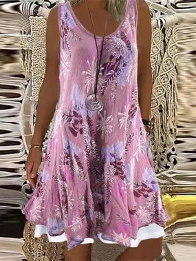 Casual Dress Shift Dress Mini Dress Gray Sleeveless Floral Fake two piece Summer Spring Crew Neck Elegant  5XL for Women