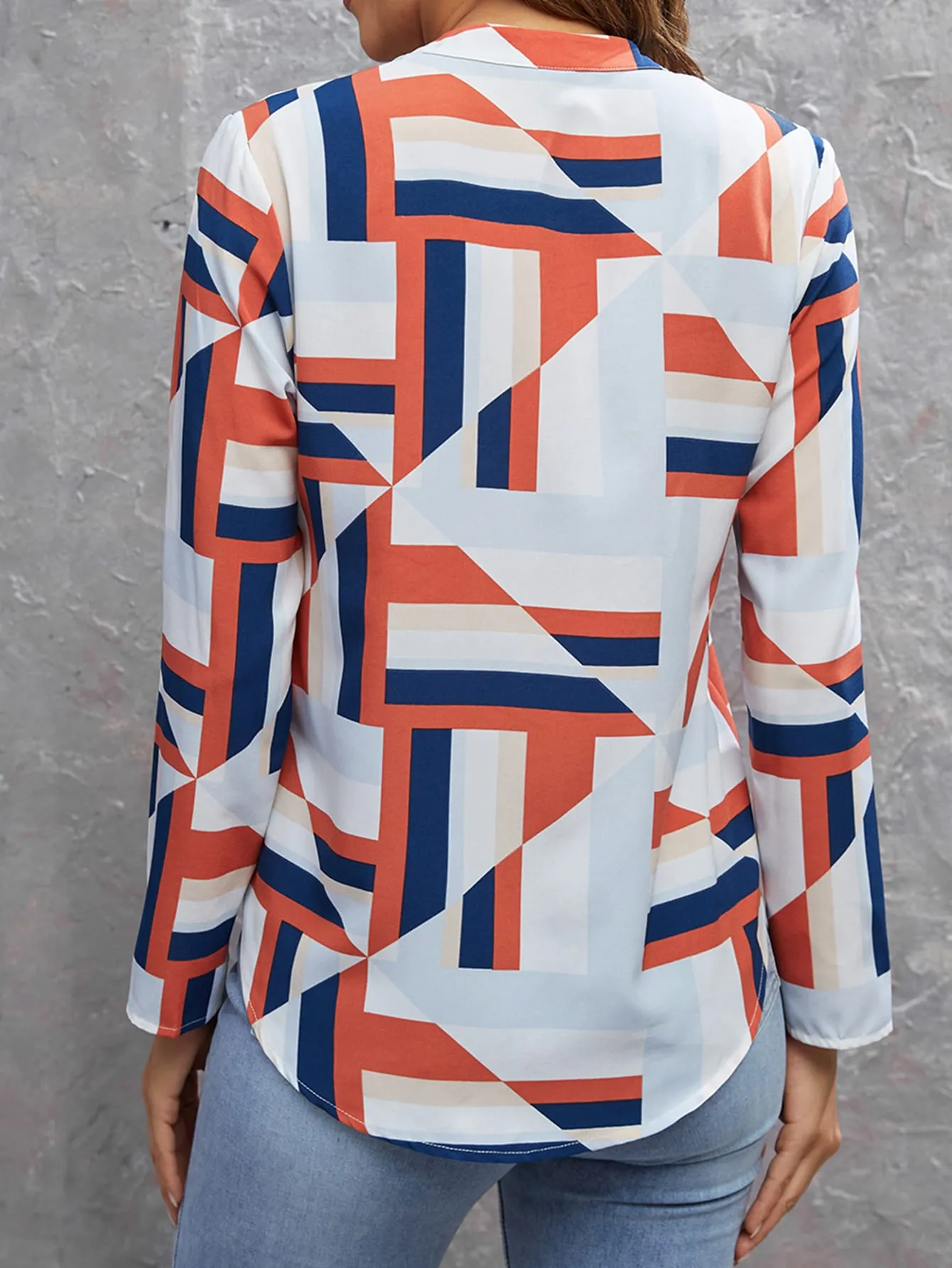 Casual Geometric Asymmetrical Long Sleeve Notched Regular Blouse