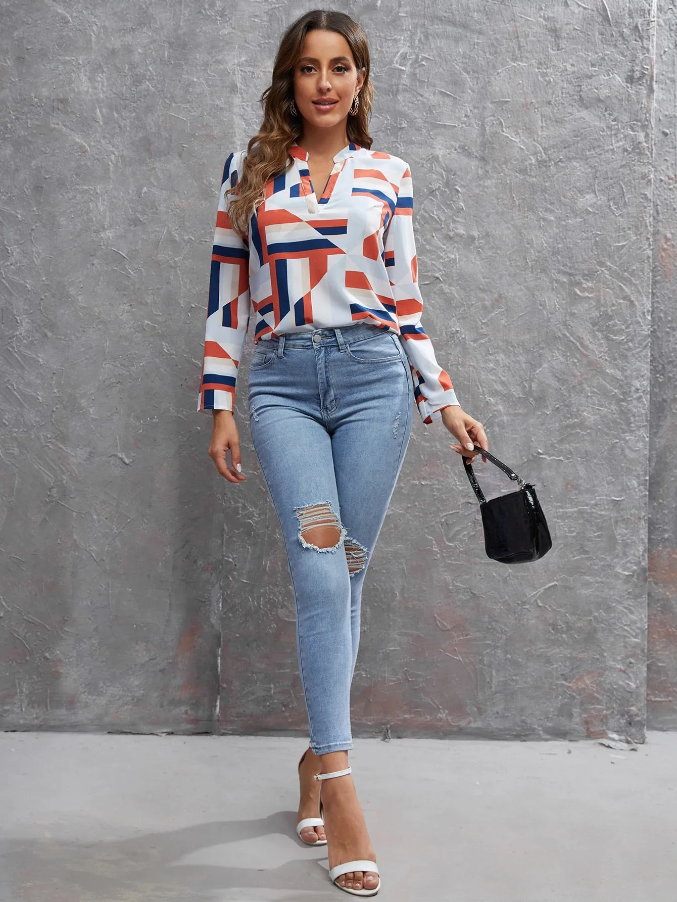 Casual Geometric Asymmetrical Long Sleeve Notched Regular Blouse