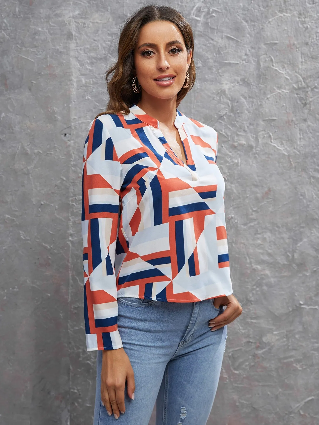 Casual Geometric Asymmetrical Long Sleeve Notched Regular Blouse
