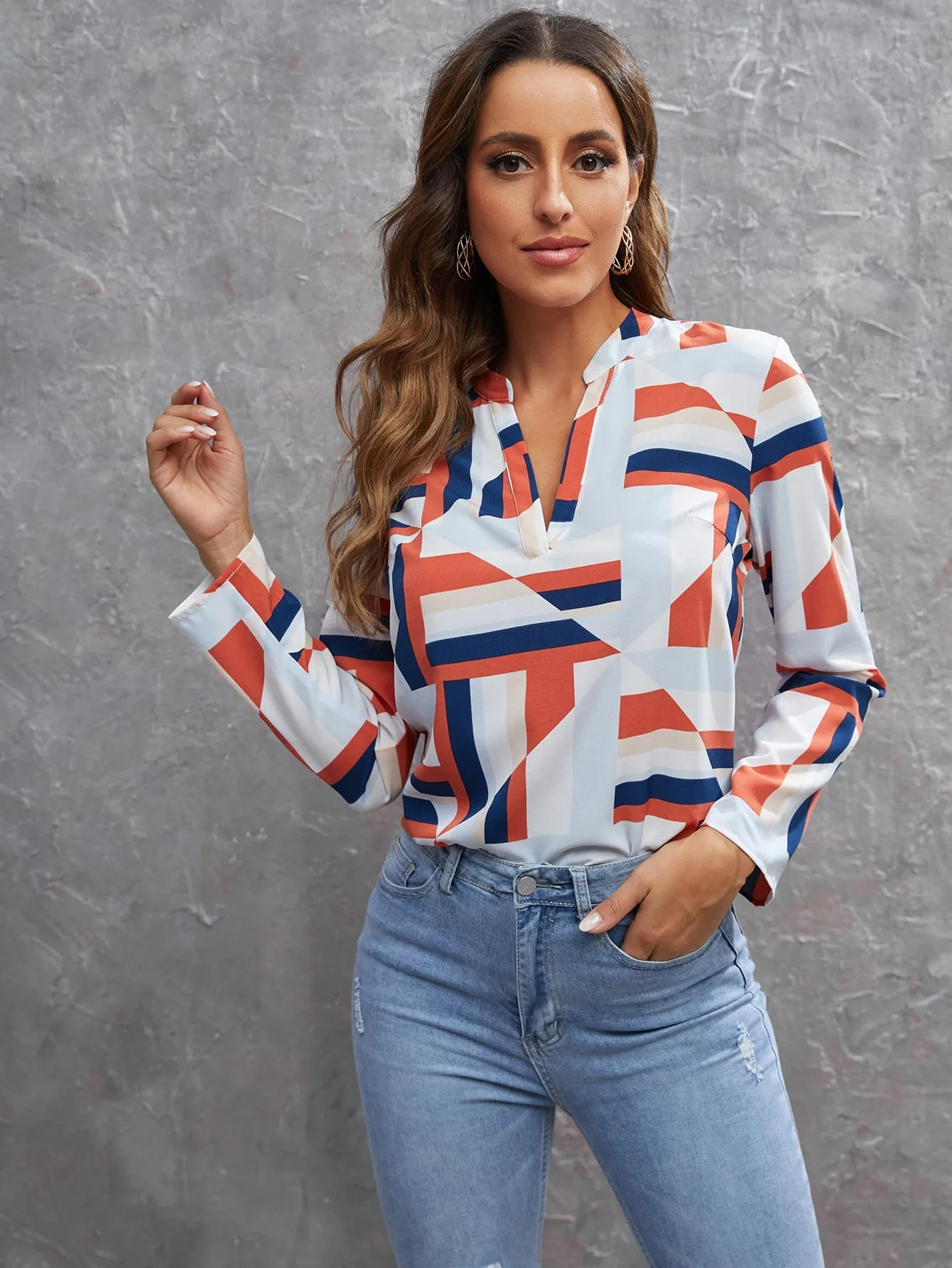 Casual Geometric Asymmetrical Long Sleeve Notched Regular Blouse