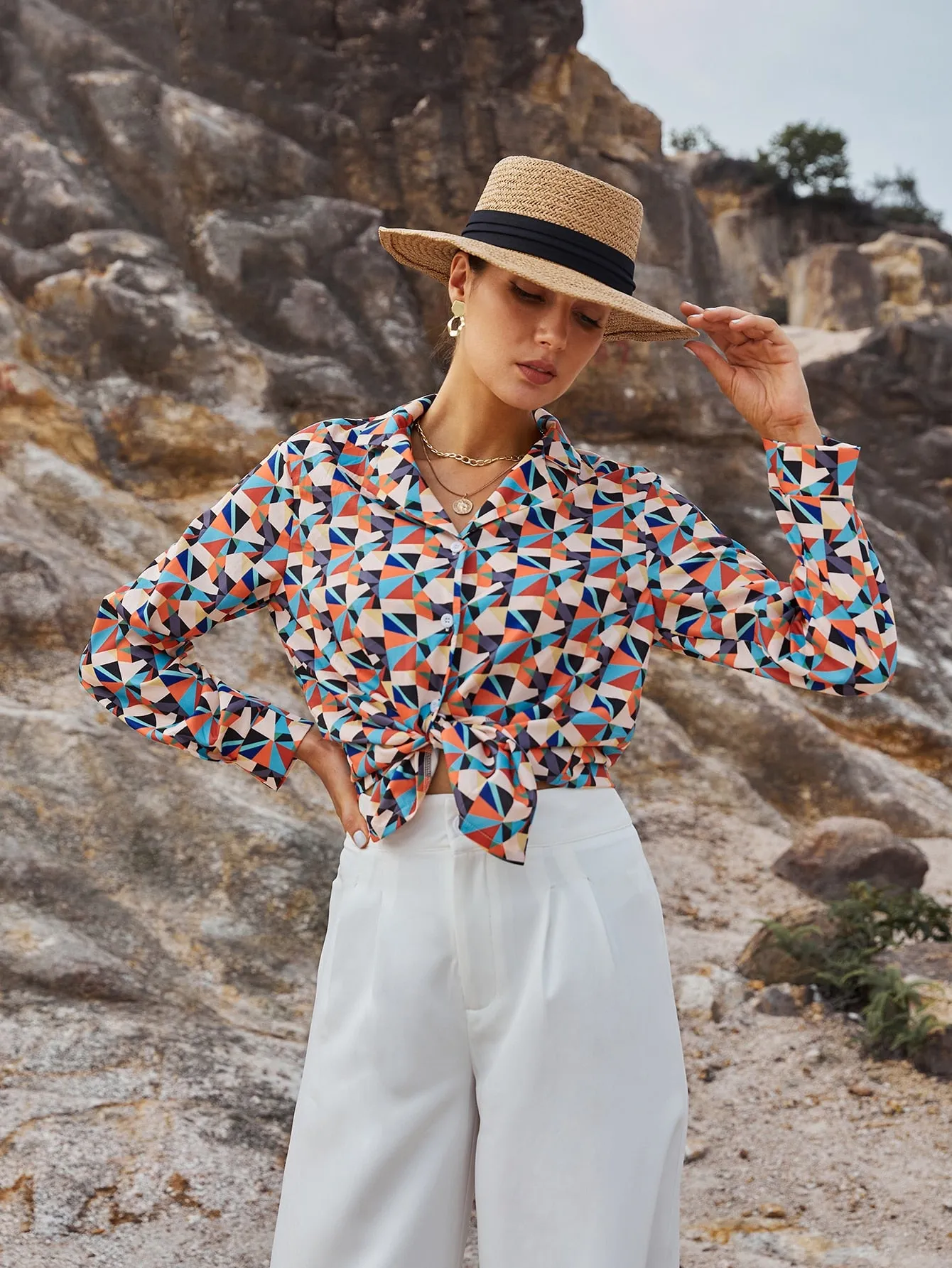 Casual Geometric Button Front Long Sleeve Collar Regular Blouse