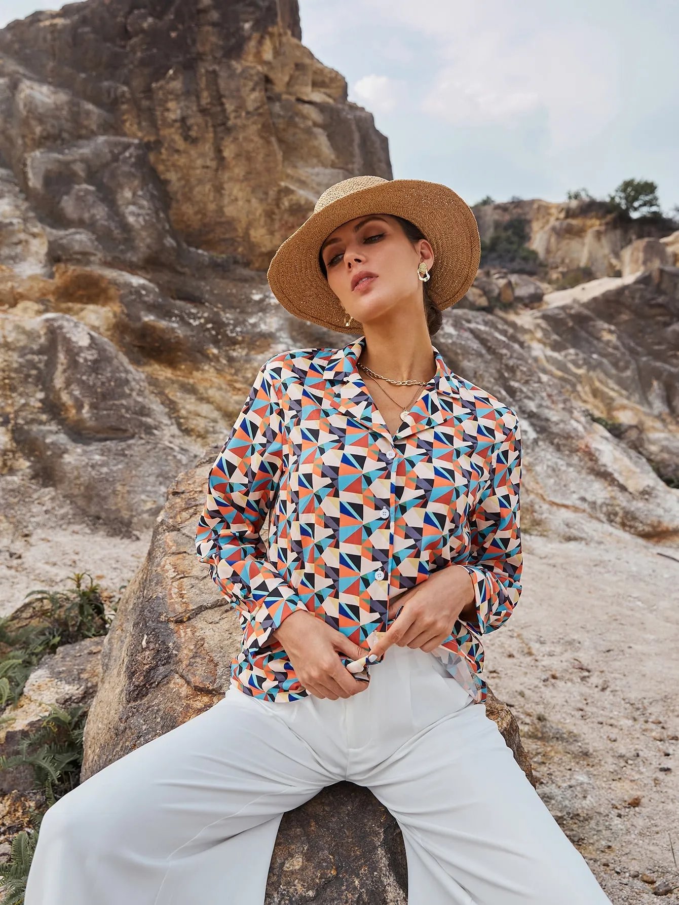 Casual Geometric Button Front Long Sleeve Collar Regular Blouse