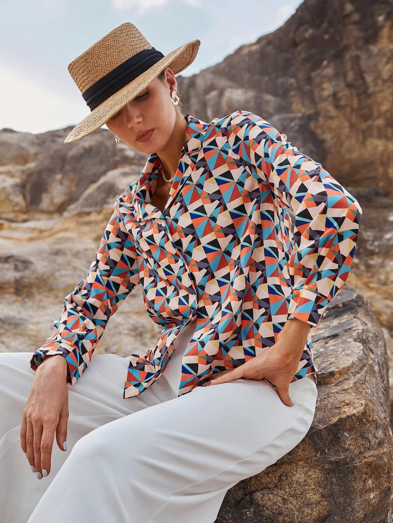 Casual Geometric Button Front Long Sleeve Collar Regular Blouse