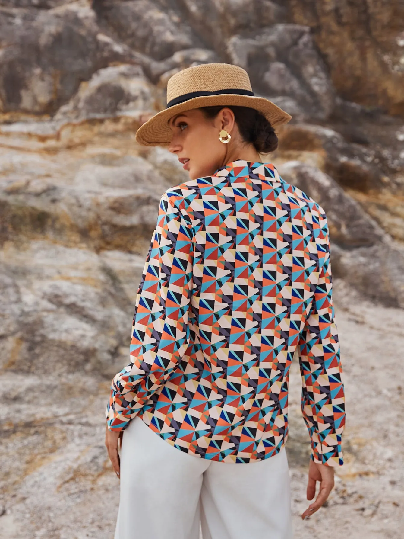 Casual Geometric Button Front Long Sleeve Collar Regular Blouse