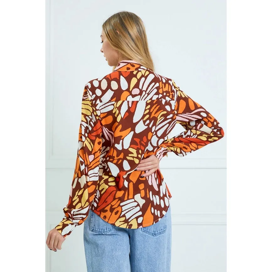 Casual Leaf Print Collard and Button Down Blouse BROWN