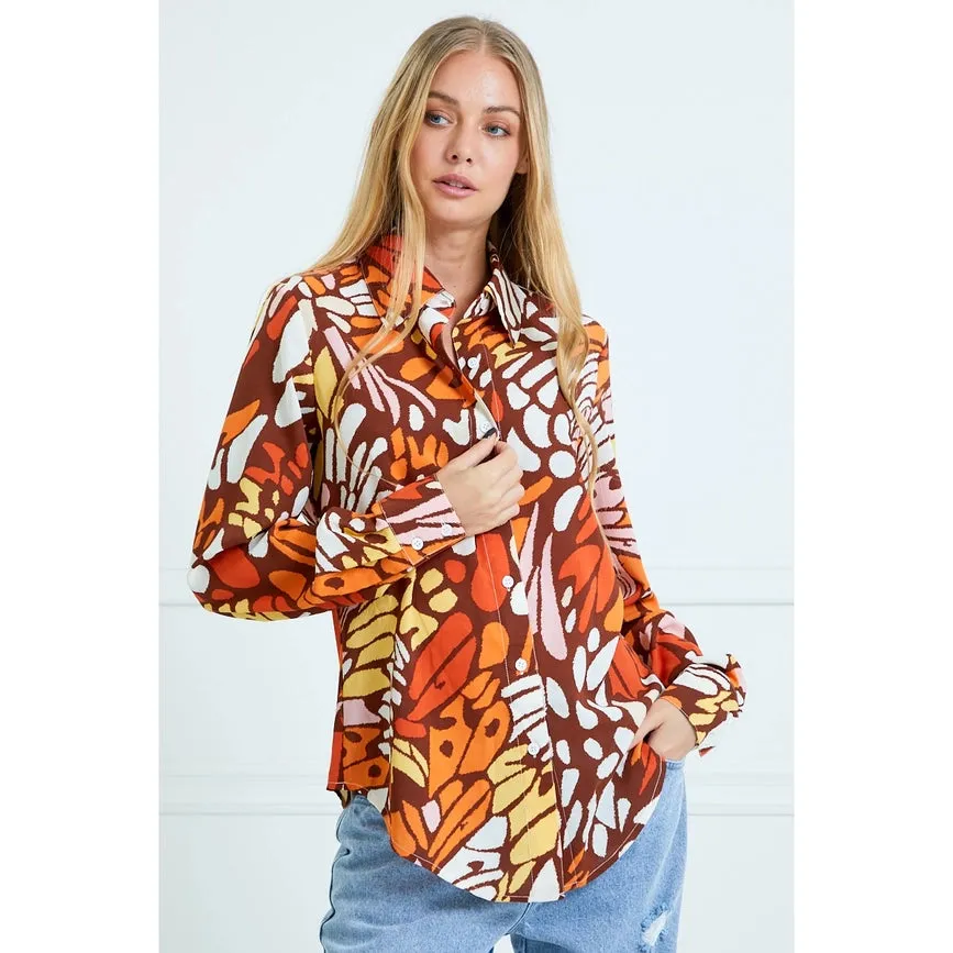 Casual Leaf Print Collard and Button Down Blouse BROWN