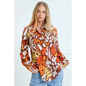 Casual Leaf Print Collard and Button Down Blouse BROWN