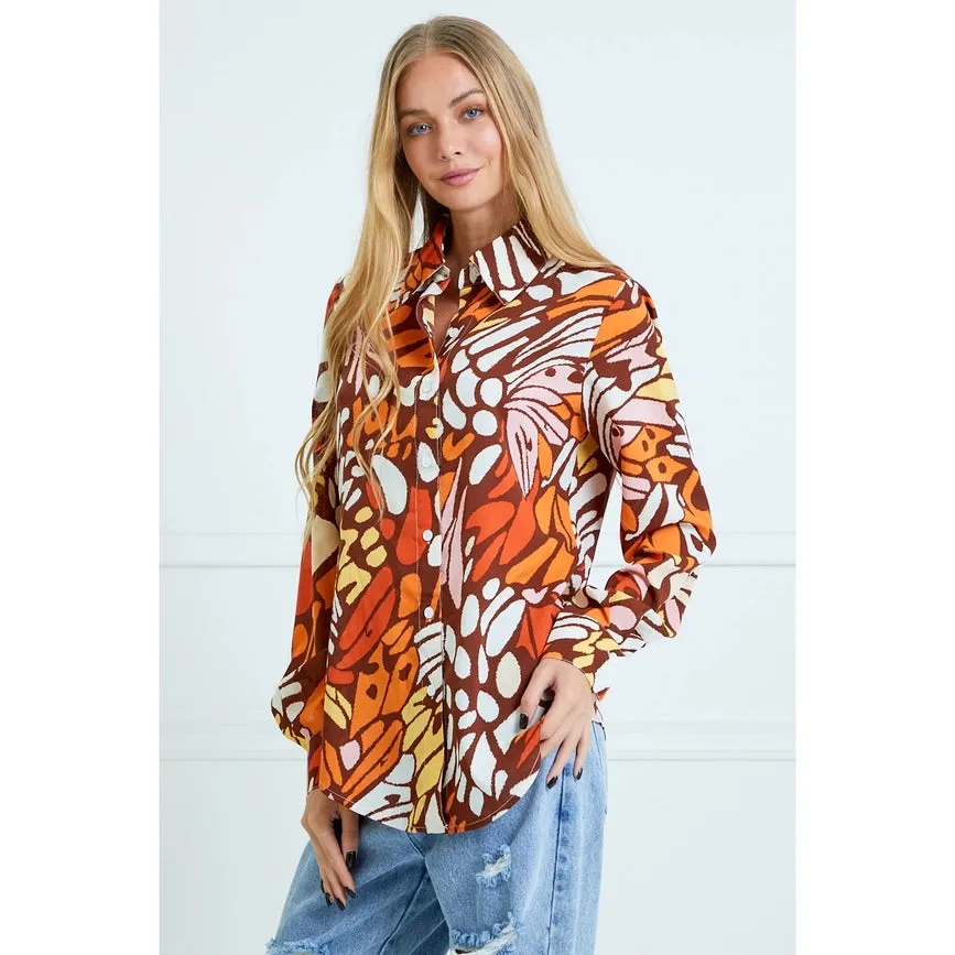 Casual Leaf Print Collard and Button Down Blouse BROWN