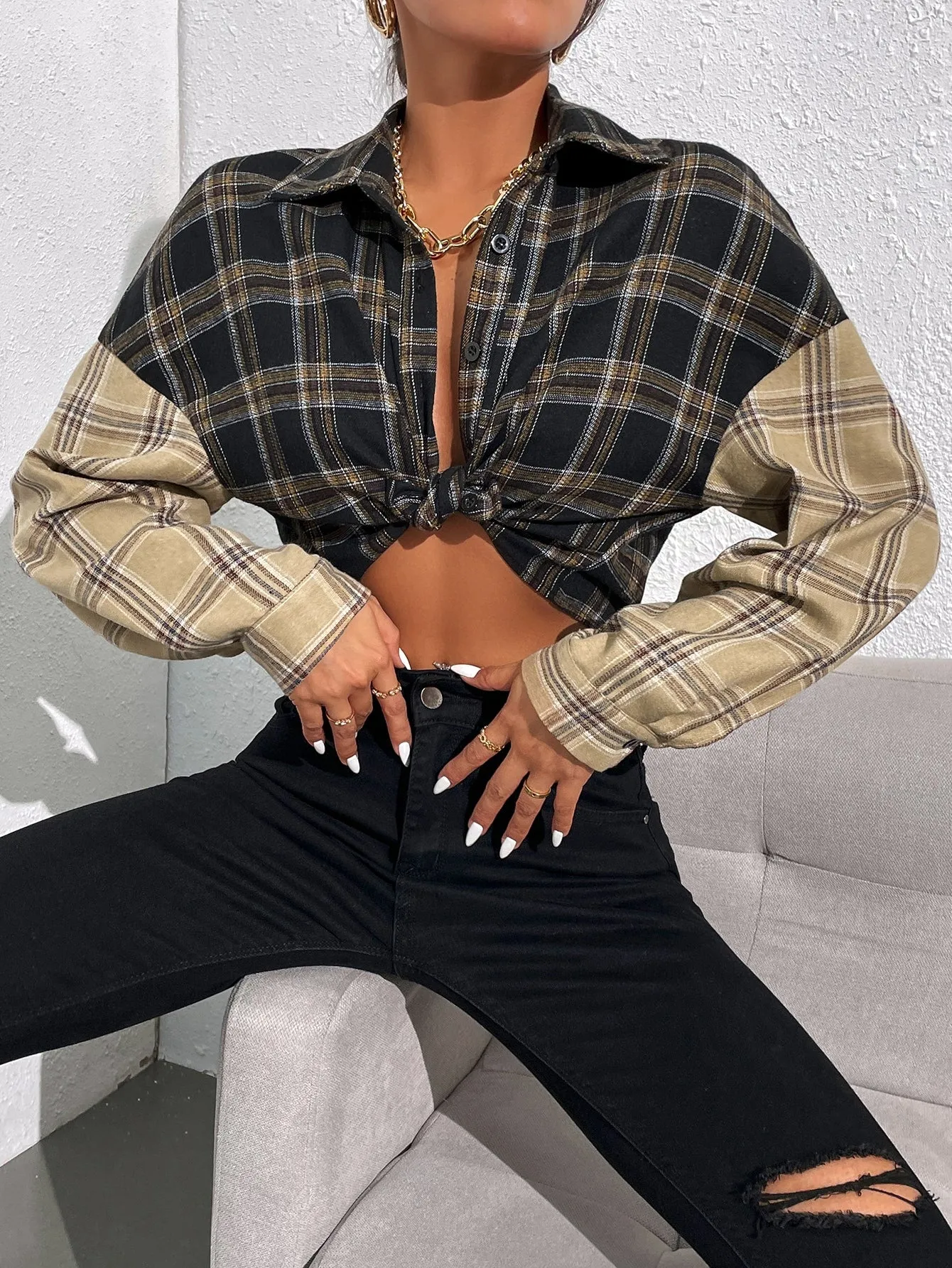 Casual Plaid Button Front Long Sleeve Collar Crop Blouse