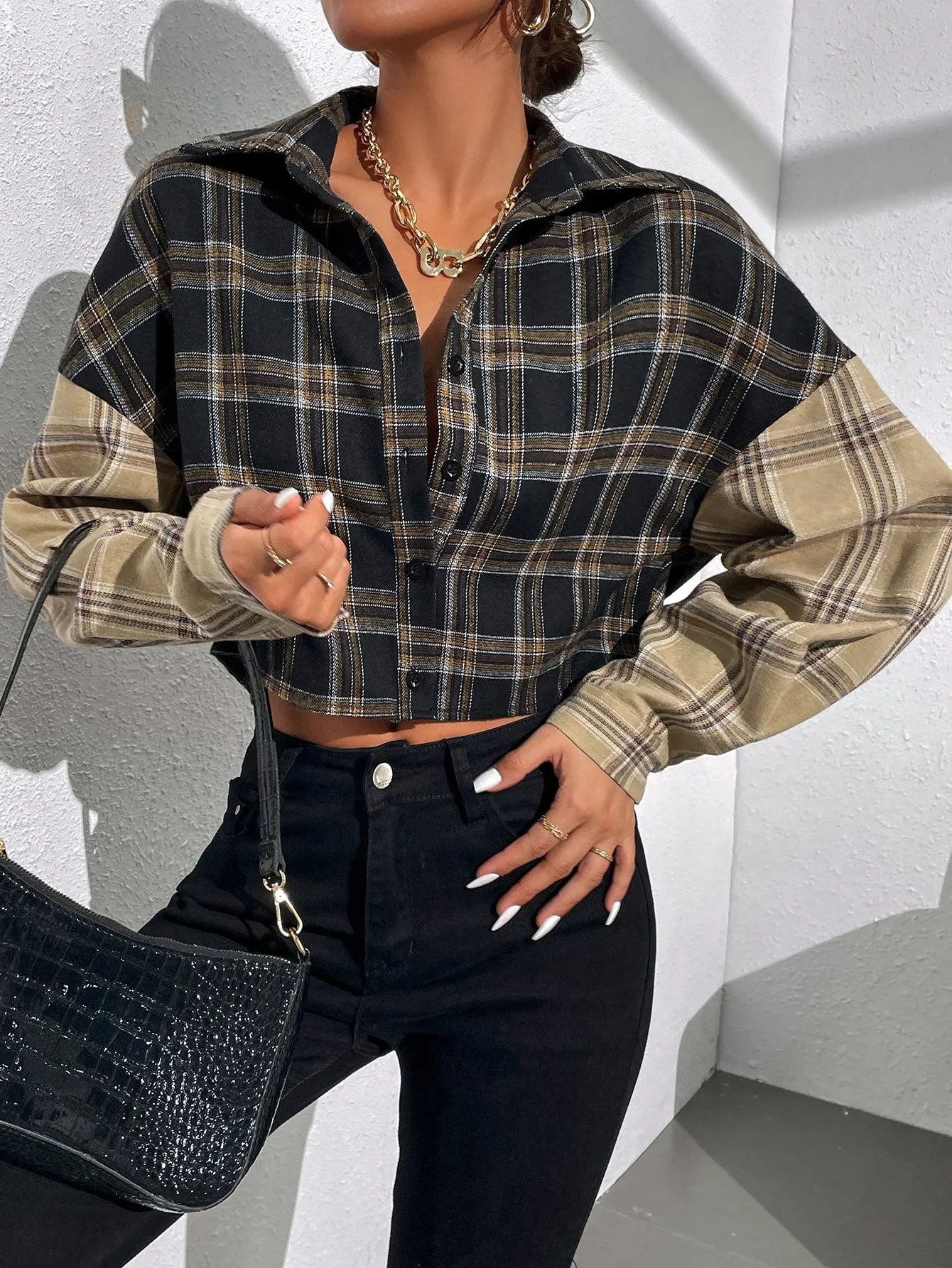 Casual Plaid Button Front Long Sleeve Collar Crop Blouse