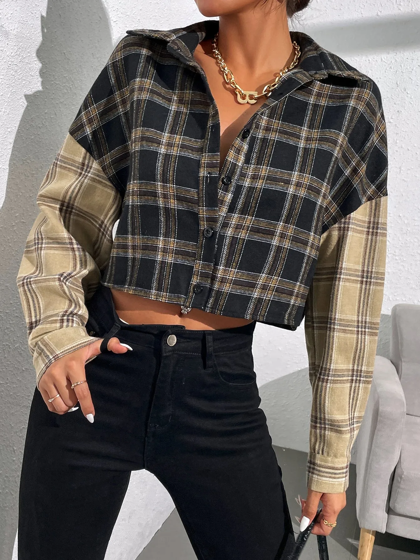 Casual Plaid Button Front Long Sleeve Collar Crop Blouse