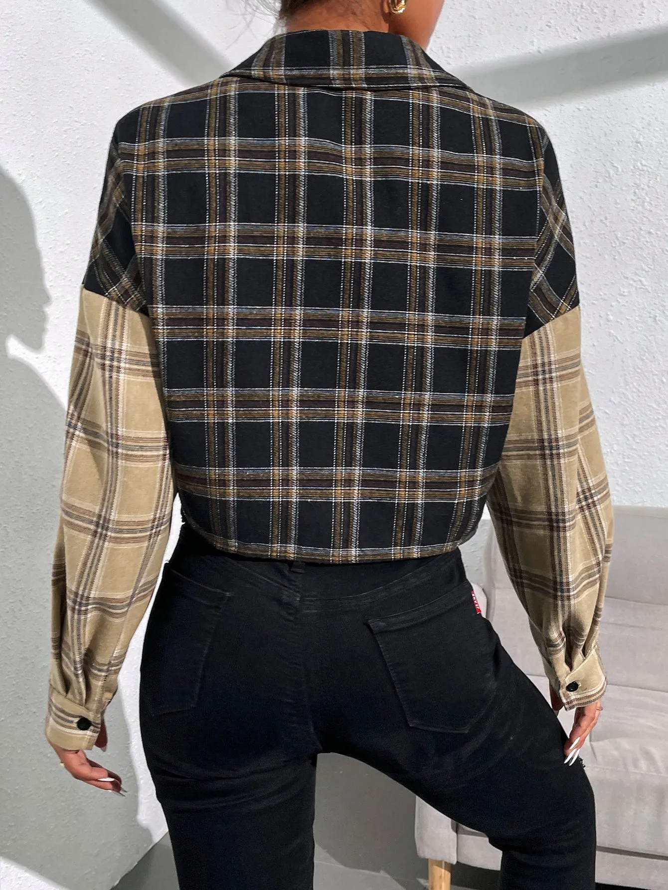 Casual Plaid Button Front Long Sleeve Collar Crop Blouse