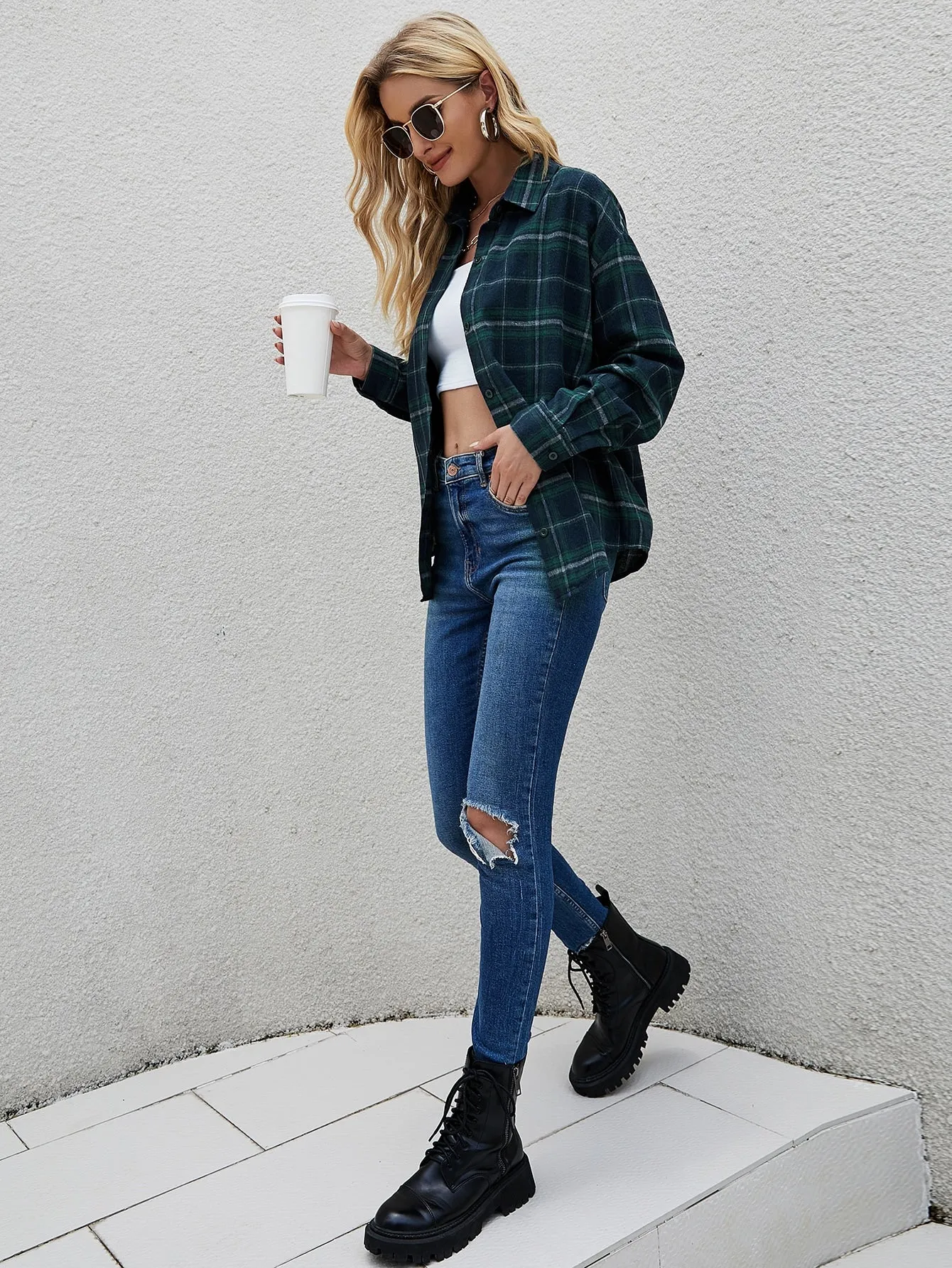 Casual Plaid Button Long Sleeve Collar Long Blouse