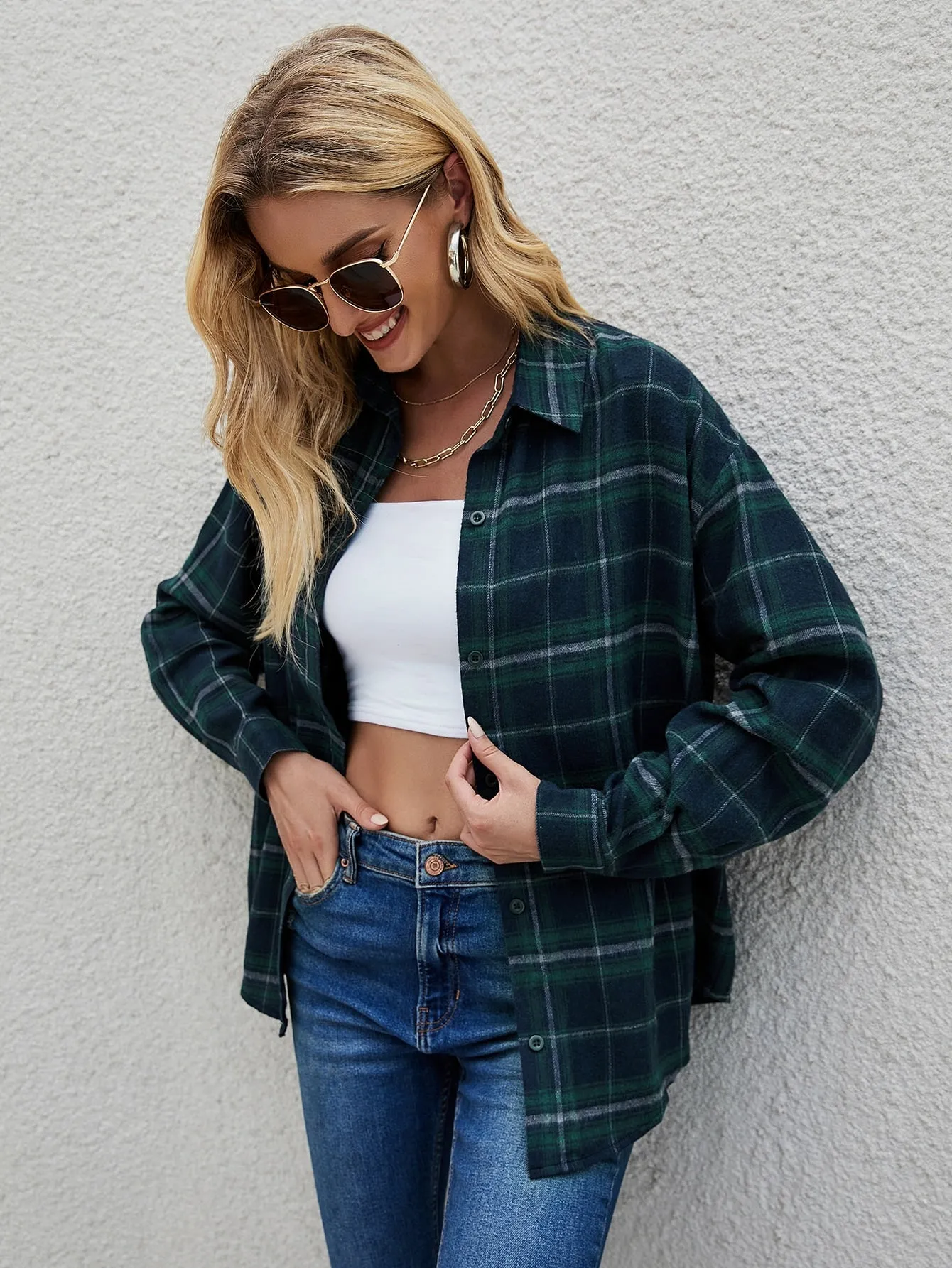 Casual Plaid Button Long Sleeve Collar Long Blouse