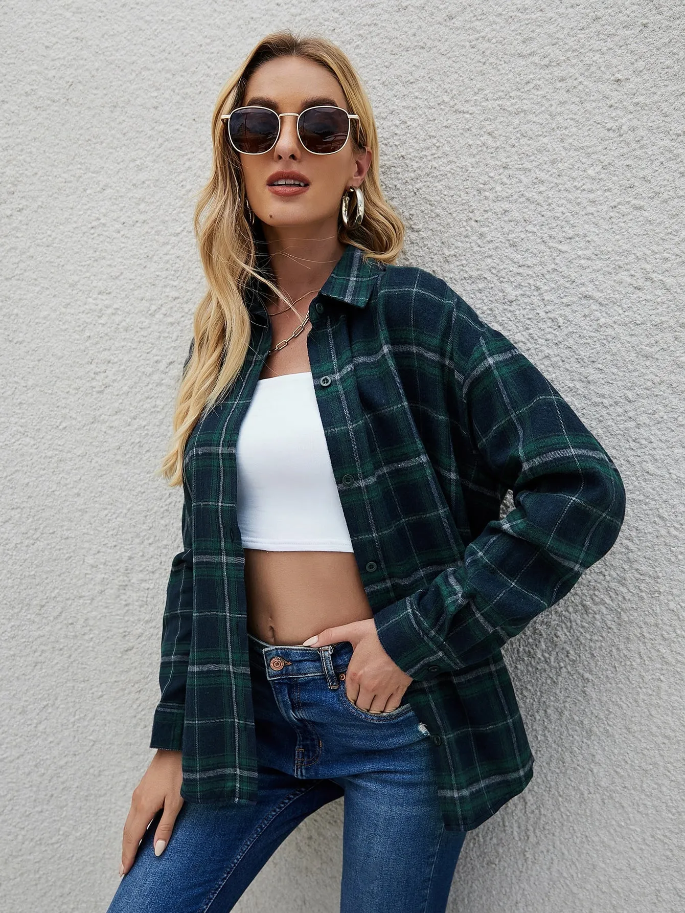 Casual Plaid Button Long Sleeve Collar Long Blouse