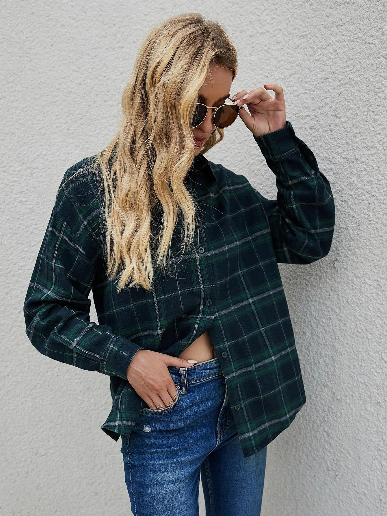Casual Plaid Button Long Sleeve Collar Long Blouse