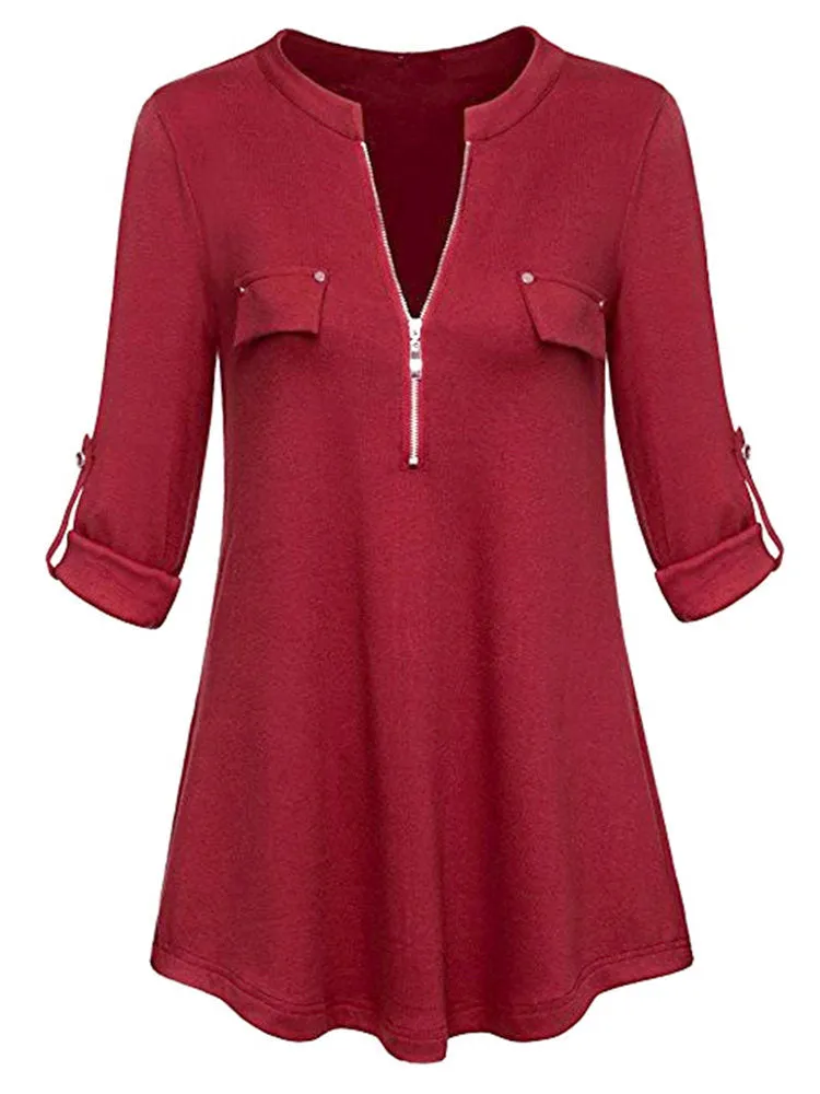 Casual Zipper V-Neck Women Blouses