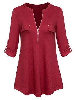 Casual Zipper V-Neck Women Blouses