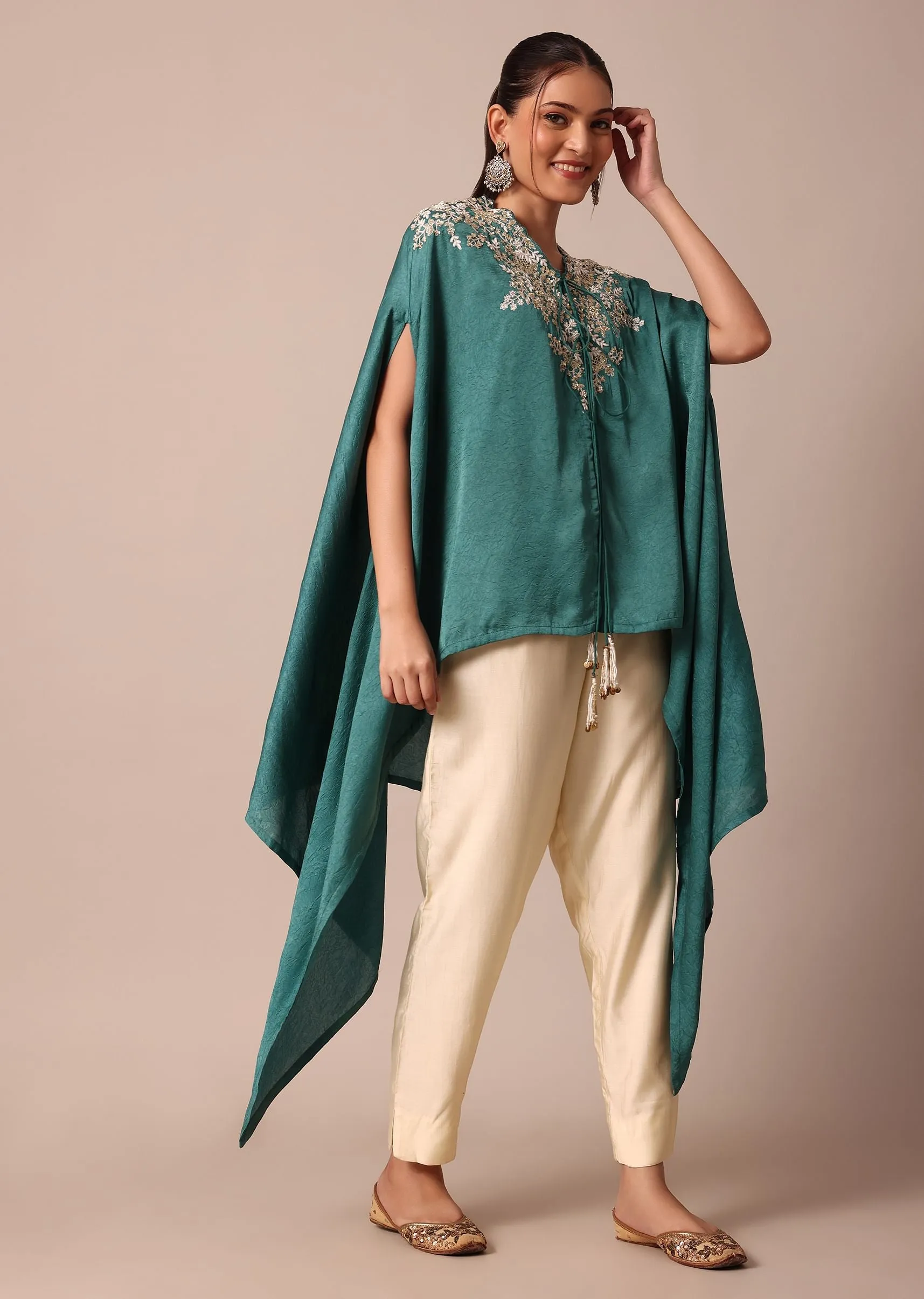 Chic Turquoise Blue Crop Top With Embroidered Jacket And Pants